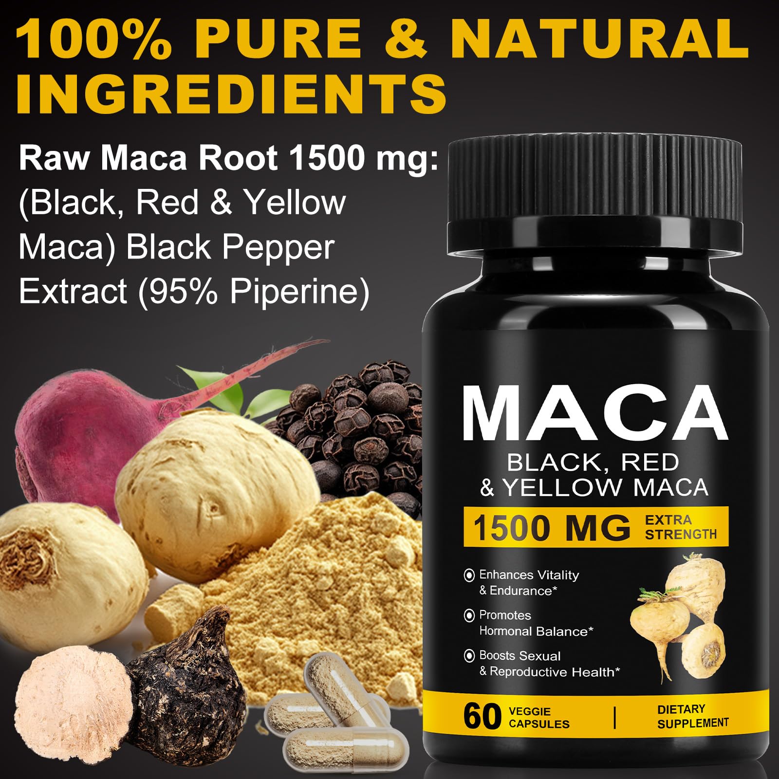 Daiasns Organic Maca Root Powder Capsules 1500 mg with Black + Red + Yellow Peruvian Maca Root Extract Supplement for Men and Women - 60 Vegan Capsules - Medaid International
