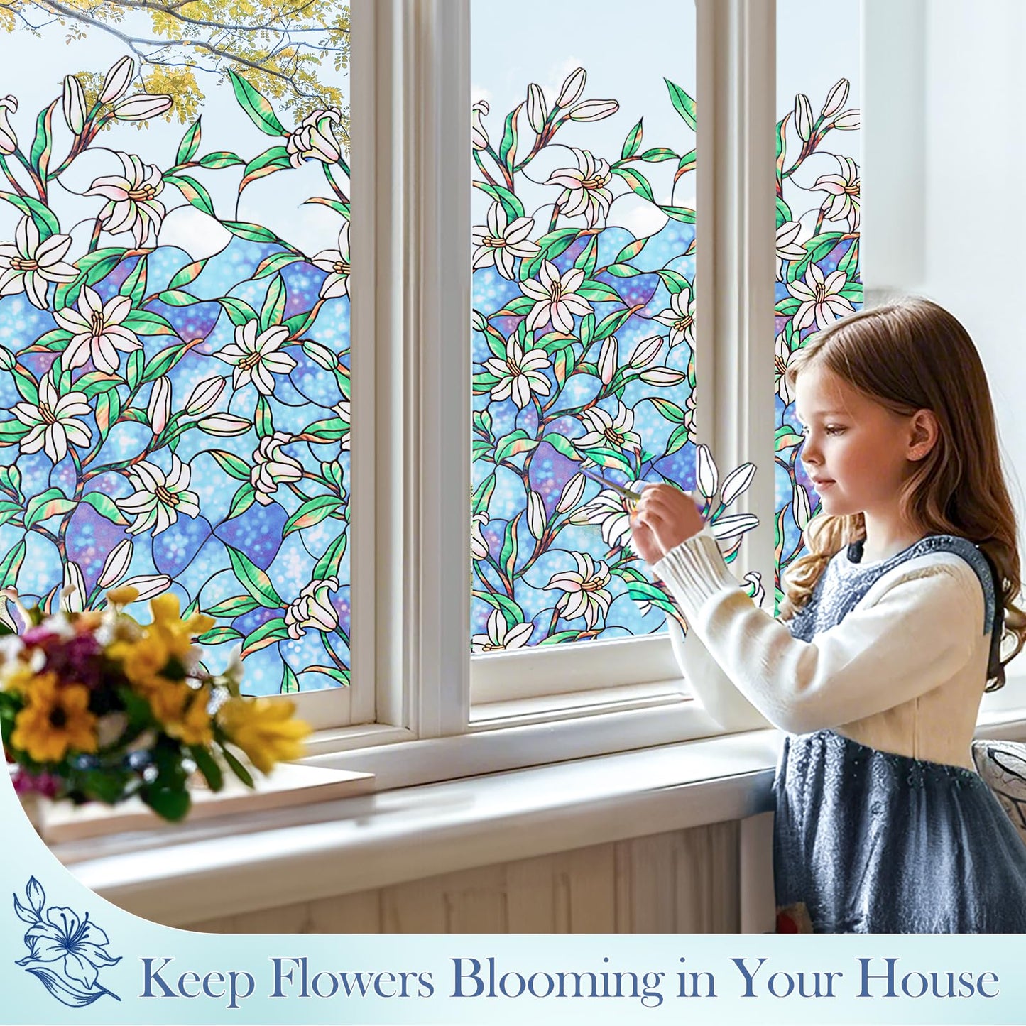 Coavas Decorative Window Privacy Film, Heat Control Sun Blocking Stained Glass Window Film, Floral Design Static Cling, Non Adhesive Windows Tint for Bathroom Front Door(Vinyl, 17.5" x 78.7 ") - Medaid International