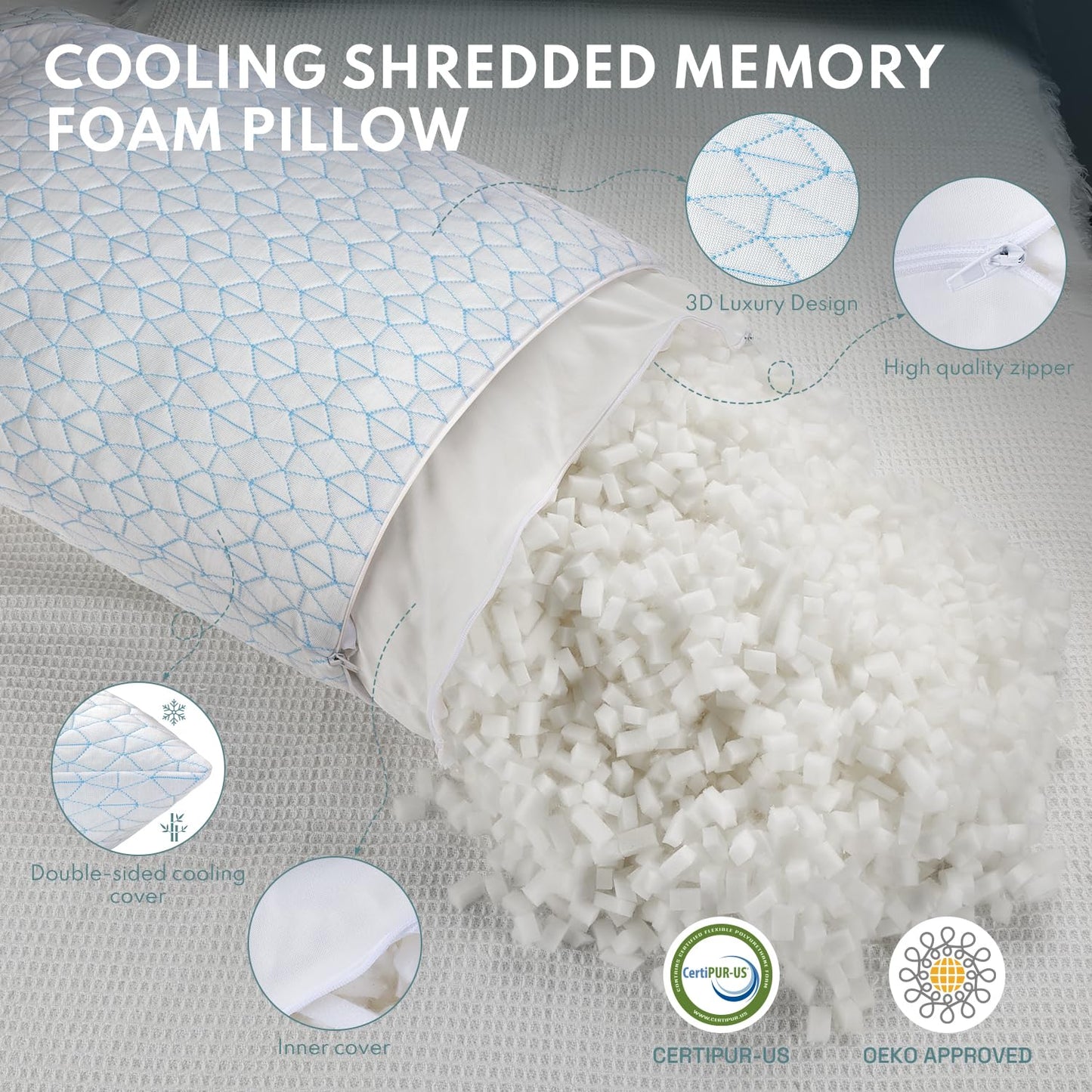 COZSINOOR Cooling Pillows Queen Size Set of 2 for Sleeping - Adjustable Shredded Memory Foam Pillows 2 Pack, Cool Pillow for Back, Side and Stomach Sleepers, Bed Pillow Removable Cover Washable - Medaid International