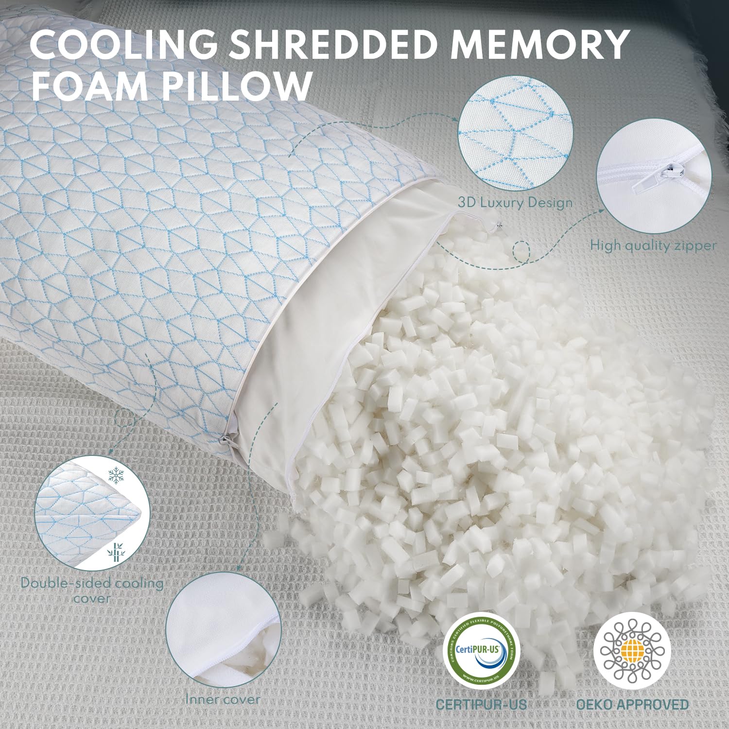 COZSINOOR Cooling Pillows Queen Size Set of 2 for Sleeping - Adjustable Shredded Memory Foam Pillows 2 Pack, Cool Pillow for Back, Side and Stomach Sleepers, Bed Pillow Removable Cover Washable - Medaid International