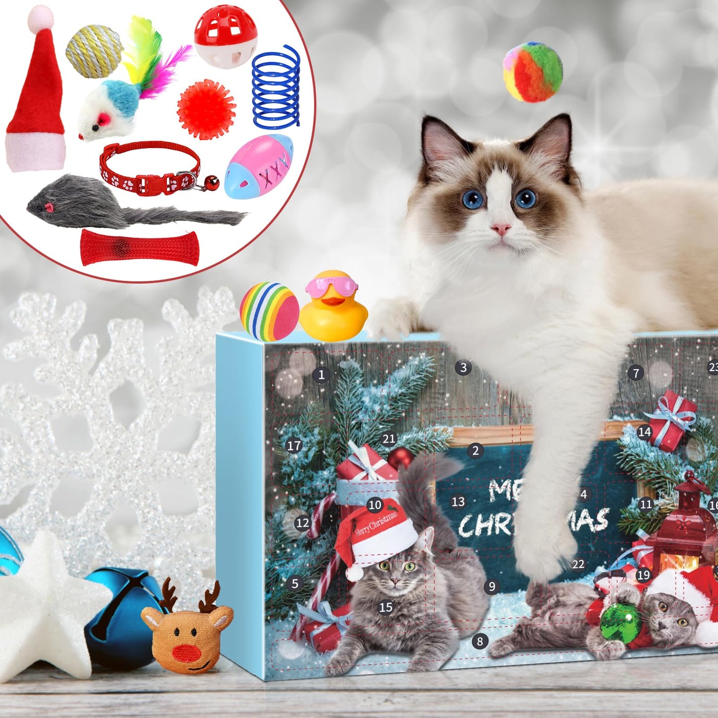 24 Days Christmas Countdown Calendar - Cat Advent Calendar - with Assorted Interactive Cat Toys for Indoor Kitten Cats Pet Surprise Xmas Gifts for Cat Lovers Women (Blue) - Medaid International