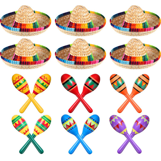 12 Pcs Colorful Wooden Maracas and 6 Pcs Mini Sombrero Hats - Mexican Fiesta Party Favors and Supplies for Carnivals - Medaid International