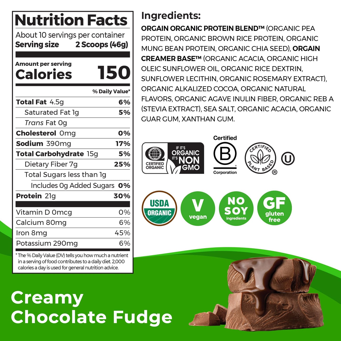 Orgain Organic Vegan Protein Powder, Creamy Chocolate Fudge - 21g Plant Protein, 7g Prebiotic Fiber, Low Net Carb, No Lactose Ingredients, No Added Sugar, Non-GMO, For Shakes & Smoothies, 1.02 lb - Medaid International