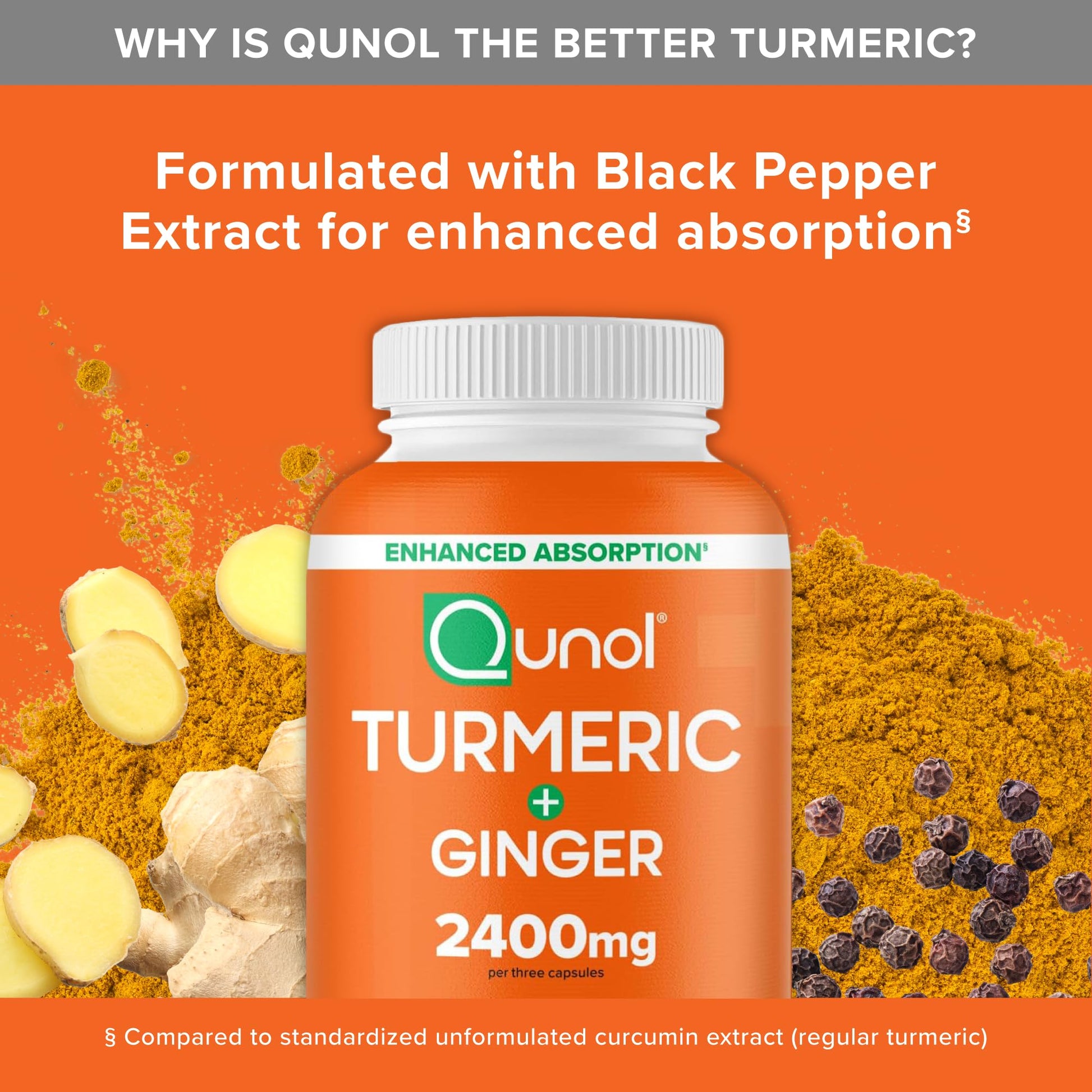 Qunol Turmeric Curcumin with Black Pepper & Ginger, 2400mg Turmeric Extract with 95% Curcuminoids, Extra Strength Supplement, Enhanced Absorption, Joint Support Supplement, 105 Count - Medaid International