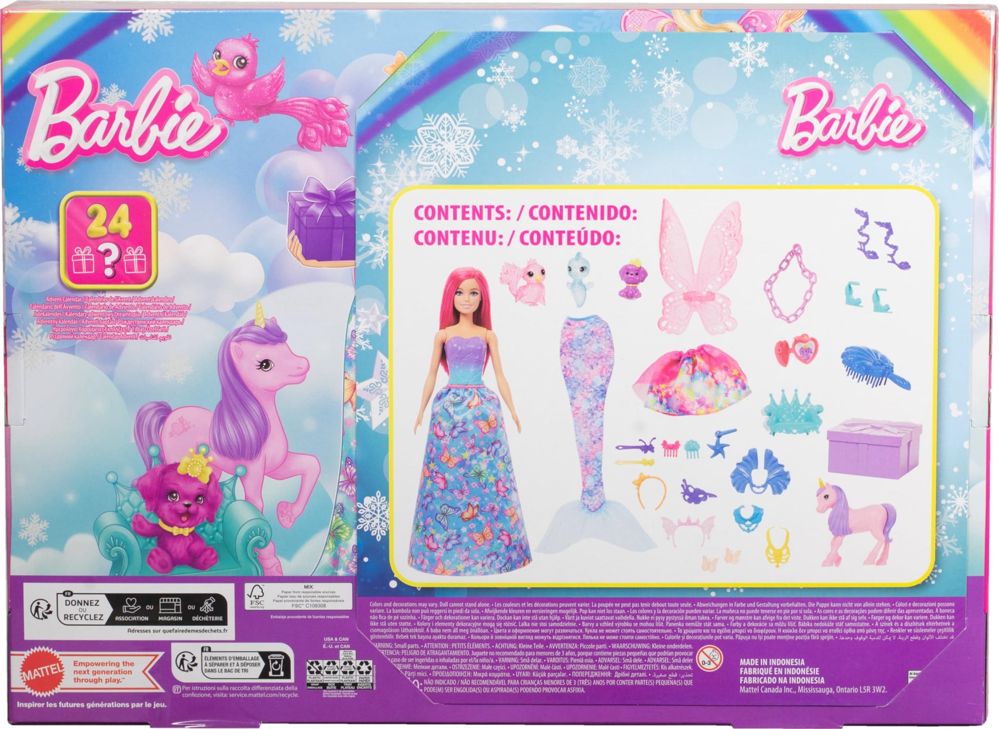Barbie Advent Calendar with Doll & 24 Surprise Accessories Including Unicorn & 3 Pets, Transform Pink-Haired Fashion Doll into Mermaid, Fairy & More - Medaid International
