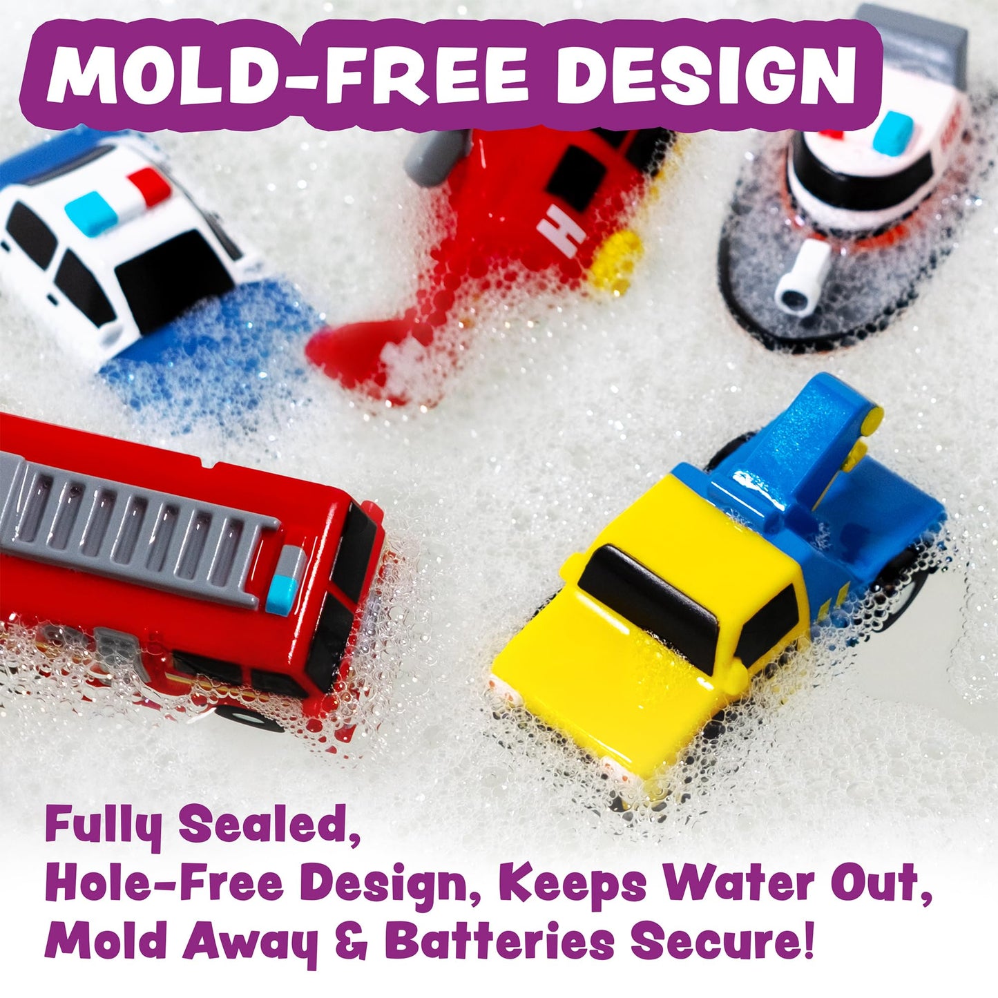 Tub Works® Emergency™ Cars Light Up Bath Toys, 6 Pack | Water-Activated Light Up Toys Flash & Change Color | Soft, Squeezable Baby & Toddler Bath Toys | Sensory Toys with Bath Lights for Kids Bath - Medaid International