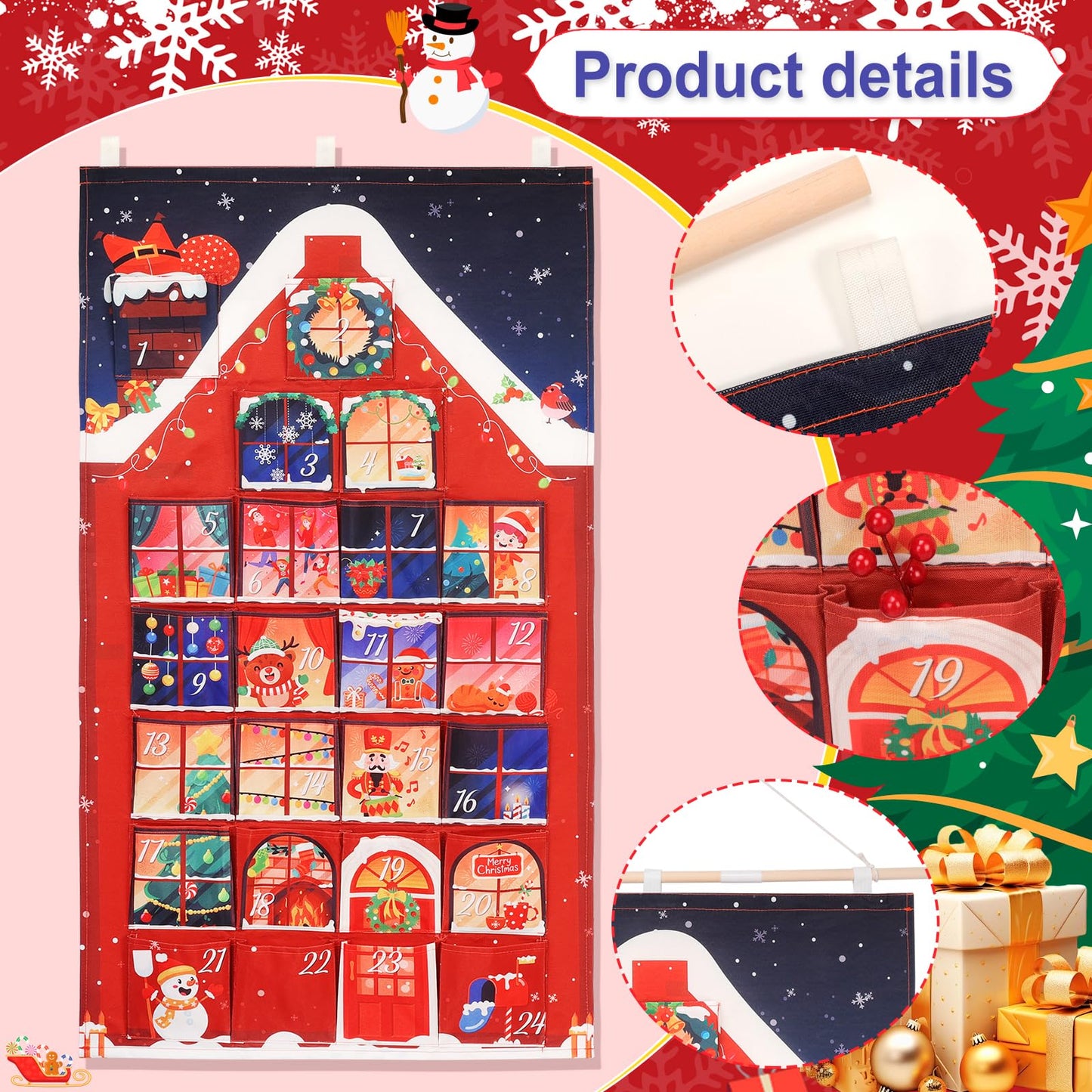 HOWAF Red House Fabric Christmas Advent Calendar with Pockets (Countdown to Christmas), 24 Days Mystery Christmas Countdown Calendar for Xmas Holiday Home Wall Decoration - Medaid International