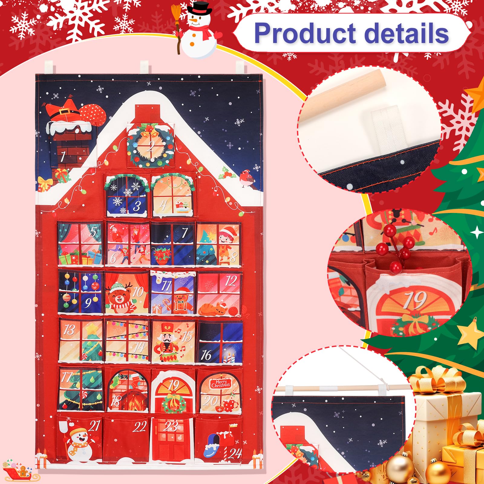 HOWAF Red House Fabric Christmas Advent Calendar with Pockets (Countdown to Christmas), 24 Days Mystery Christmas Countdown Calendar for Xmas Holiday Home Wall Decoration - Medaid International