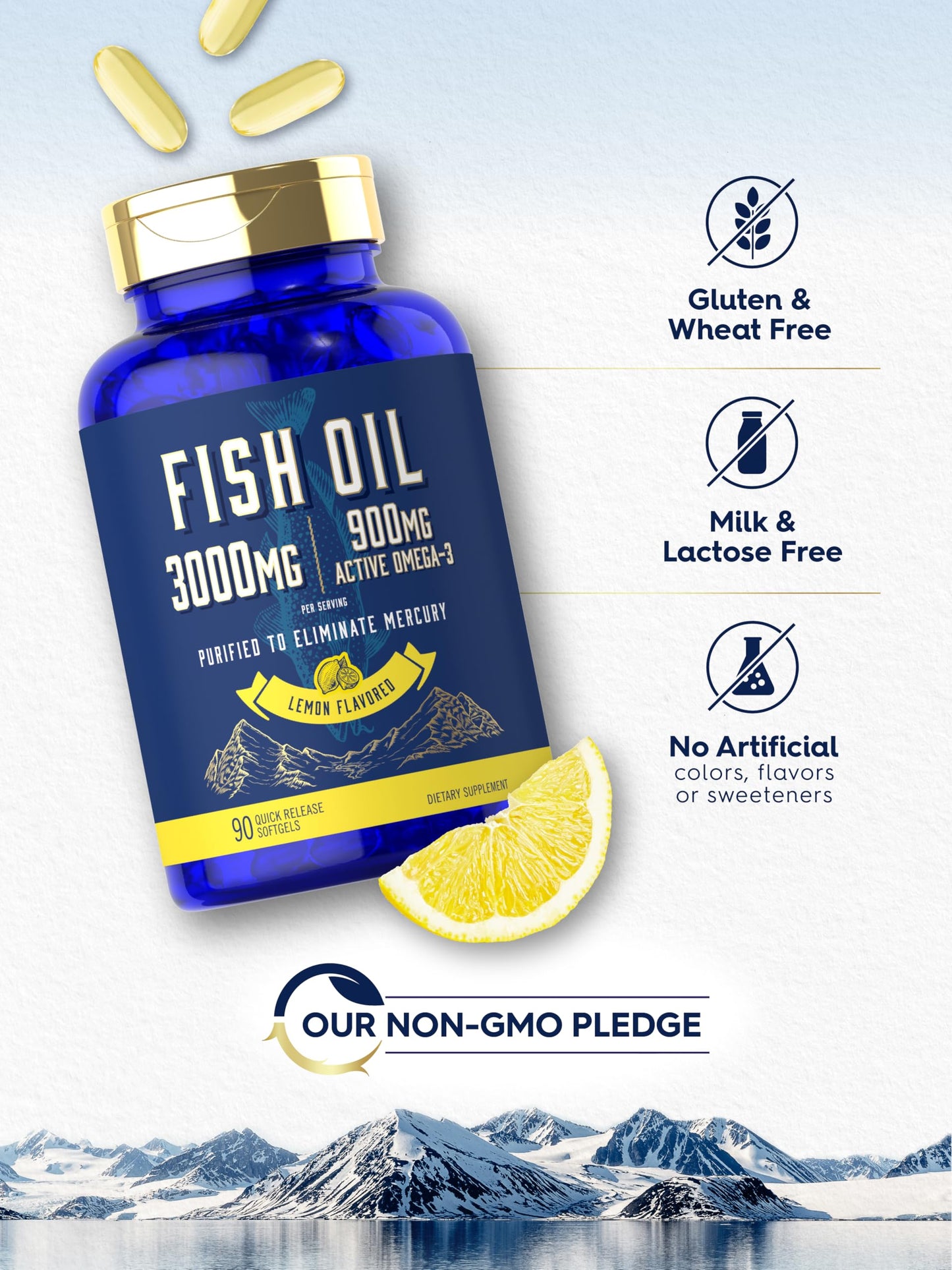 Carlyle Fish Oil 3000mg | 900mg Omega 3 | 90 Softgels | Lemon Flavor | Non-GMO and Gluten Free Supplement - Medaid International