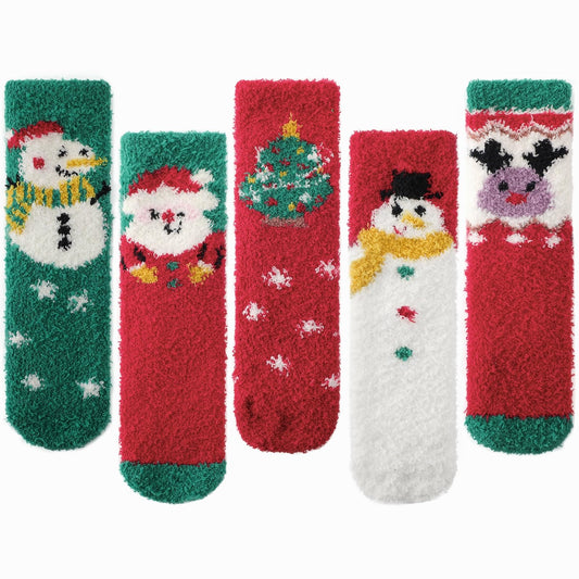 Tavaleu Fuzzy Socks for Women, Cozy Socks Women Warm Fluffy Winter Slipper Christmas Sock for Womens Home Sleeping Sock, 5 Pack Xmas A - Medaid International