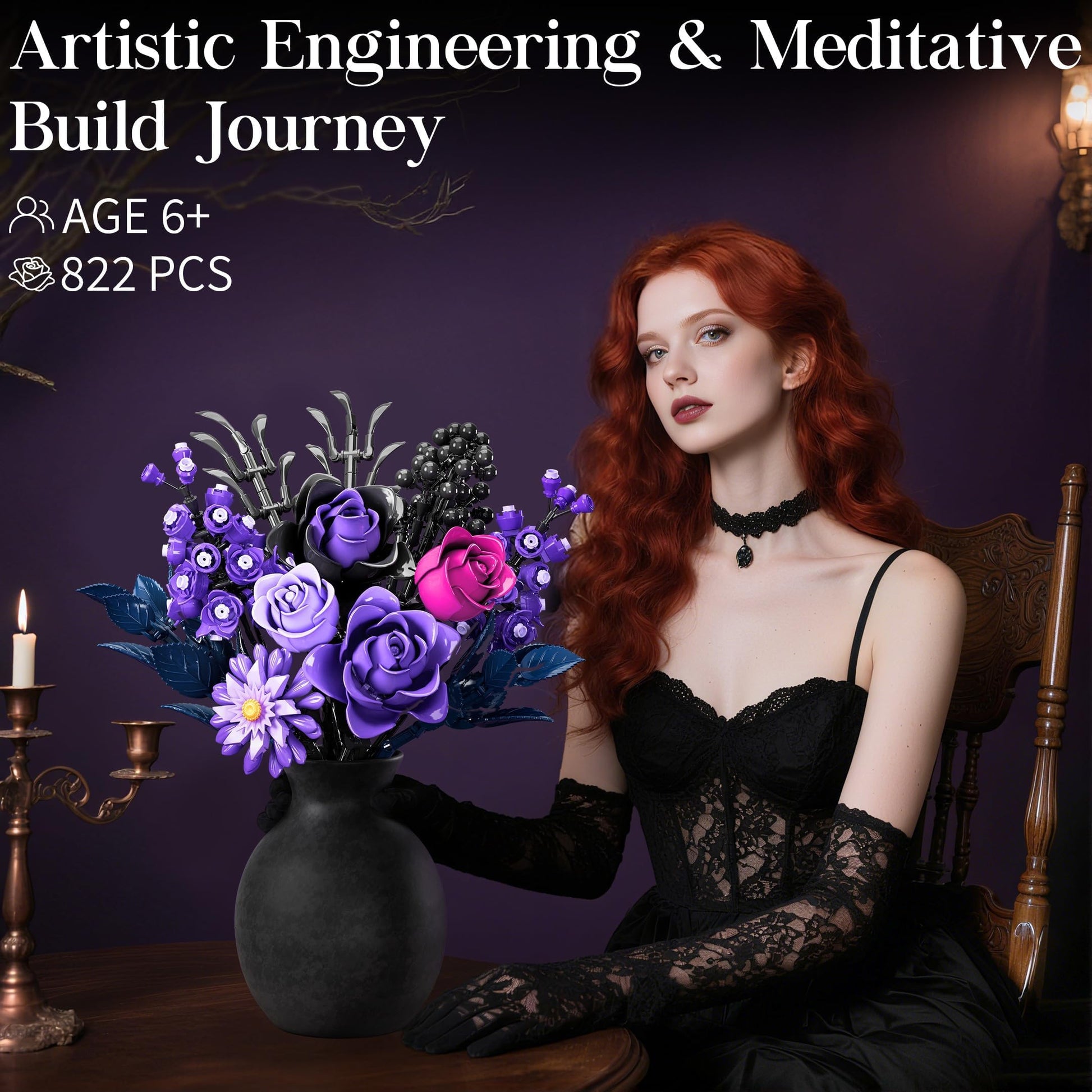 Advent Calendar 2025 for Adults Teens, 12 Purple Rose Flower Bouquet Building Blocks, 24 Days Surprise Christmas Countdown Calendar with 822 PCS Gothic Artificial Flowers Home Decor for Women Men Teen - Medaid International