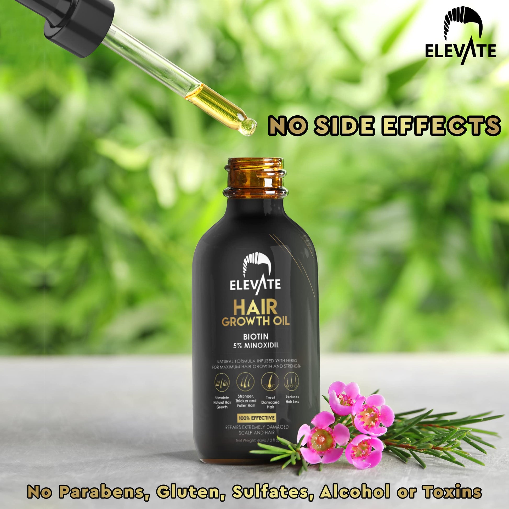 Elevate Hair Regrowth Treatment 5% Minoxidil Solution - Biotin Serum Hair Growth Oil for Men & Women - Thicker Fuller Stronger Hair - Stops Hair Loss & Thinning - Natural Hair Thickening Treatment 1oz - Medaid International