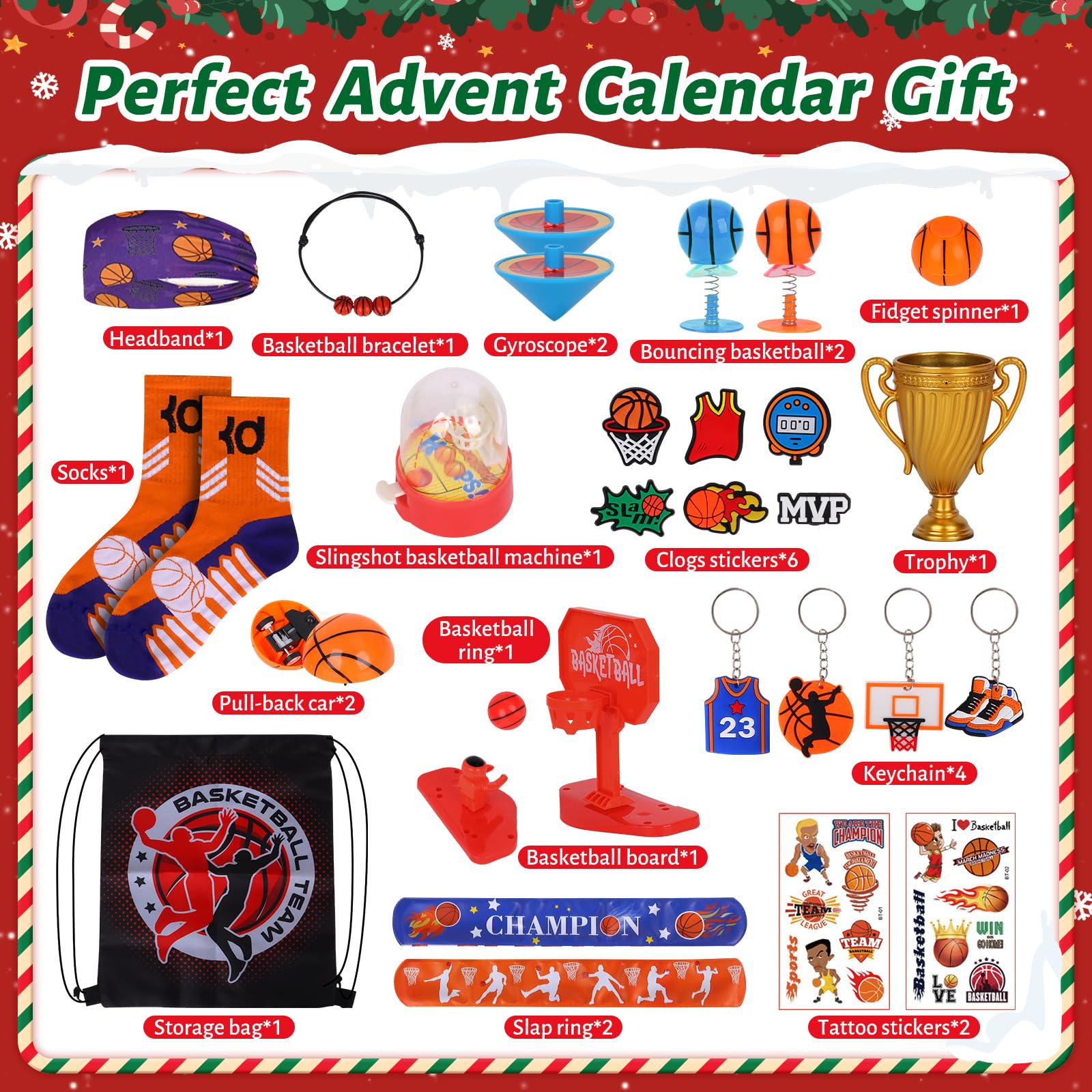 Basketball Golf Advent Calendar 2025 for Men Teen Boy, 24-Day Christmas Count-down Calendar Xmas Gifts with Socks, Accessories and Decorations for Kids Boys Teens Basketball Player - Medaid International