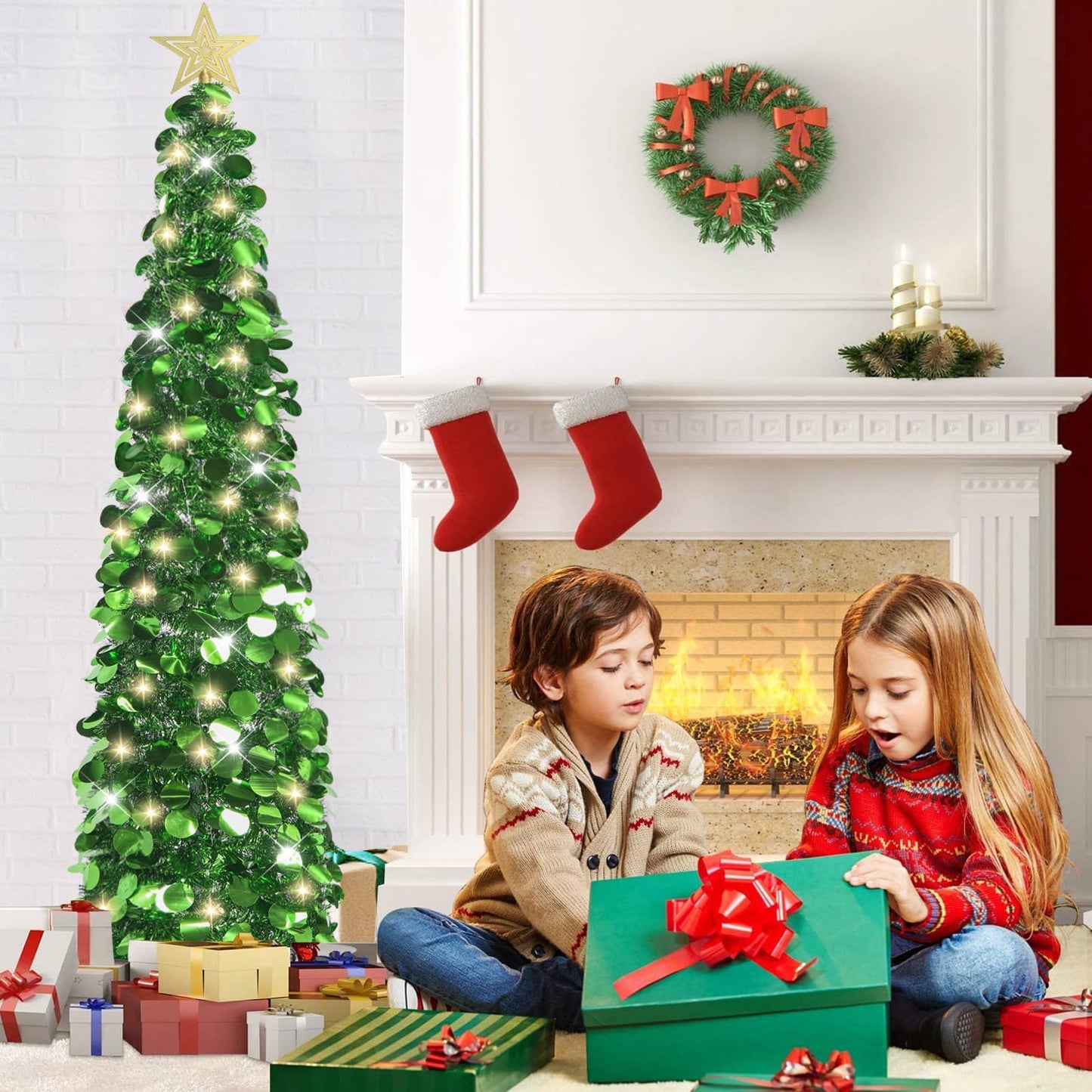 HMASYO 5 FT Pop Up Christmas Tree with Timer Lights, Green Christmas Tinsel Tree, Collapsible Artificial Pencil Christmas Tree for Indoor Home Apartment Porch Holiday Party Decorations - Medaid International