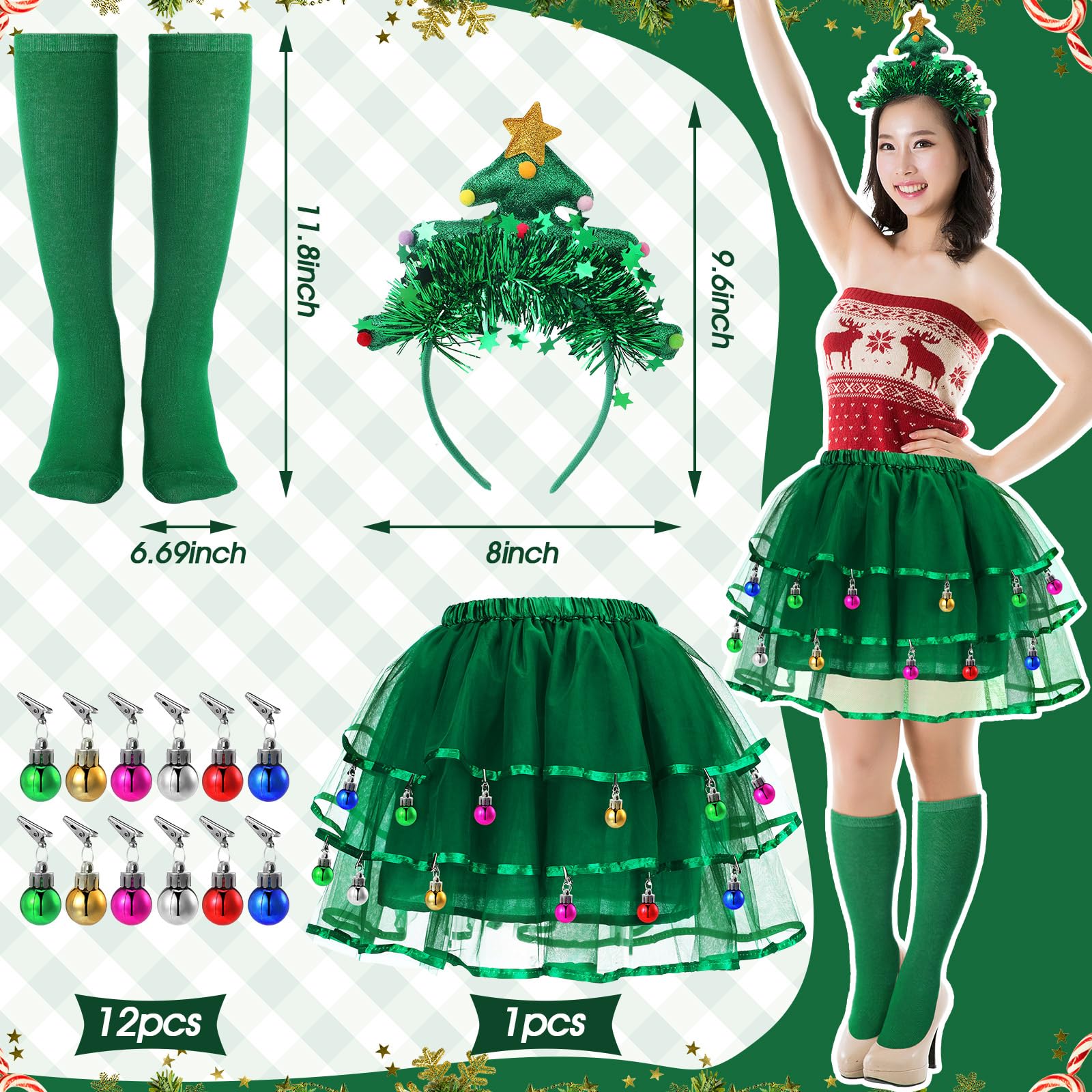 JenPen 4 Pcs Christmas Tree Costumes for Women Xmas Tutu Skirt Christmas Tree Headband Socks Xmas Outfit for Costume(Colored Clips) - Medaid International