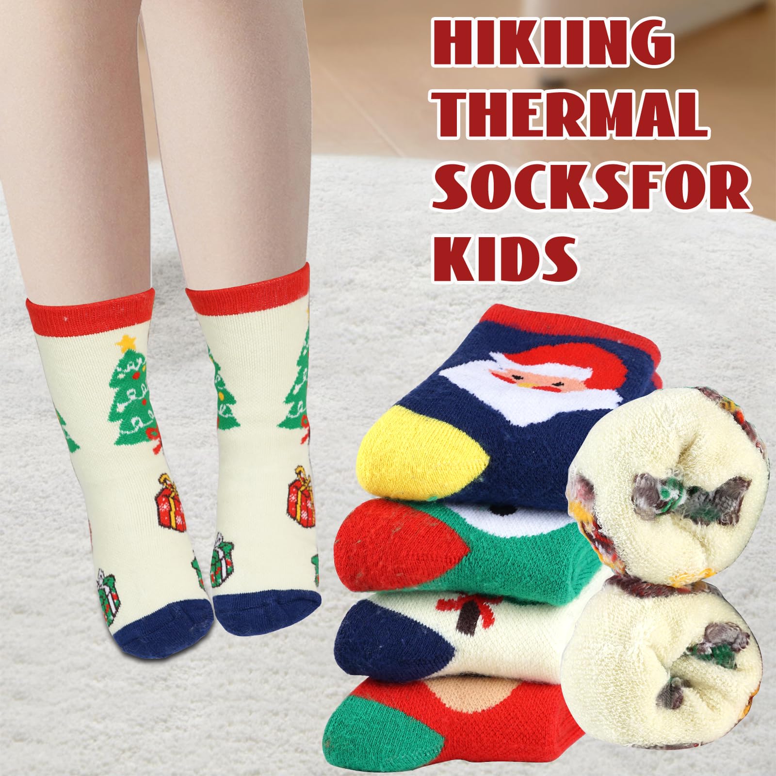 Merino Wool Christmas Socks for Toddler Boys Girls, Kids Hiking Winter Warm Cozy Thick Thermal Crew Boot Socks 4 Pairs - Medaid International