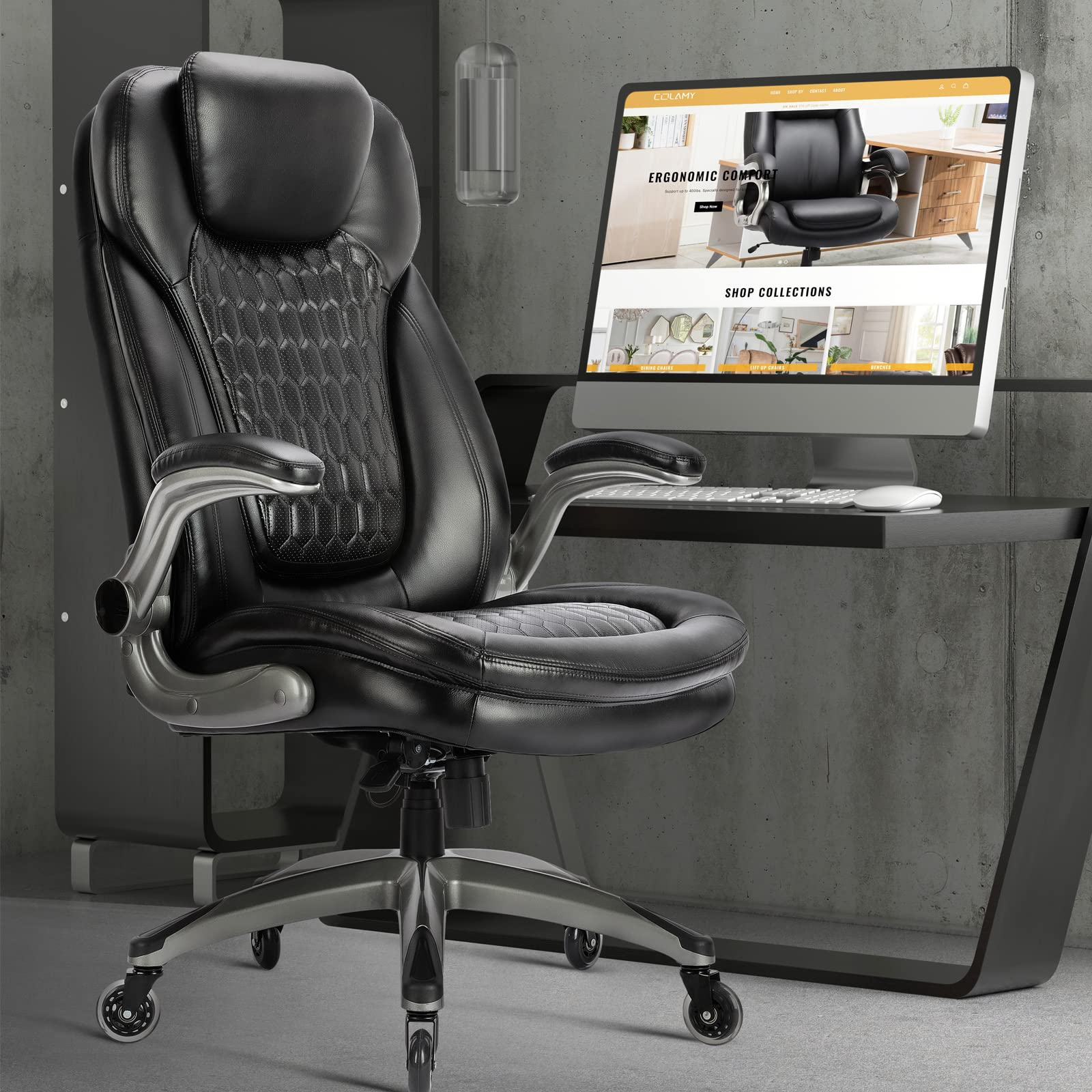 Executive Office Chair-Ergonomic Computer Desk Chair, High Back Leather Chair with Padded Flip-up Arms, Swivel Home Office Chair Upgraded Caster-Black - Medaid International