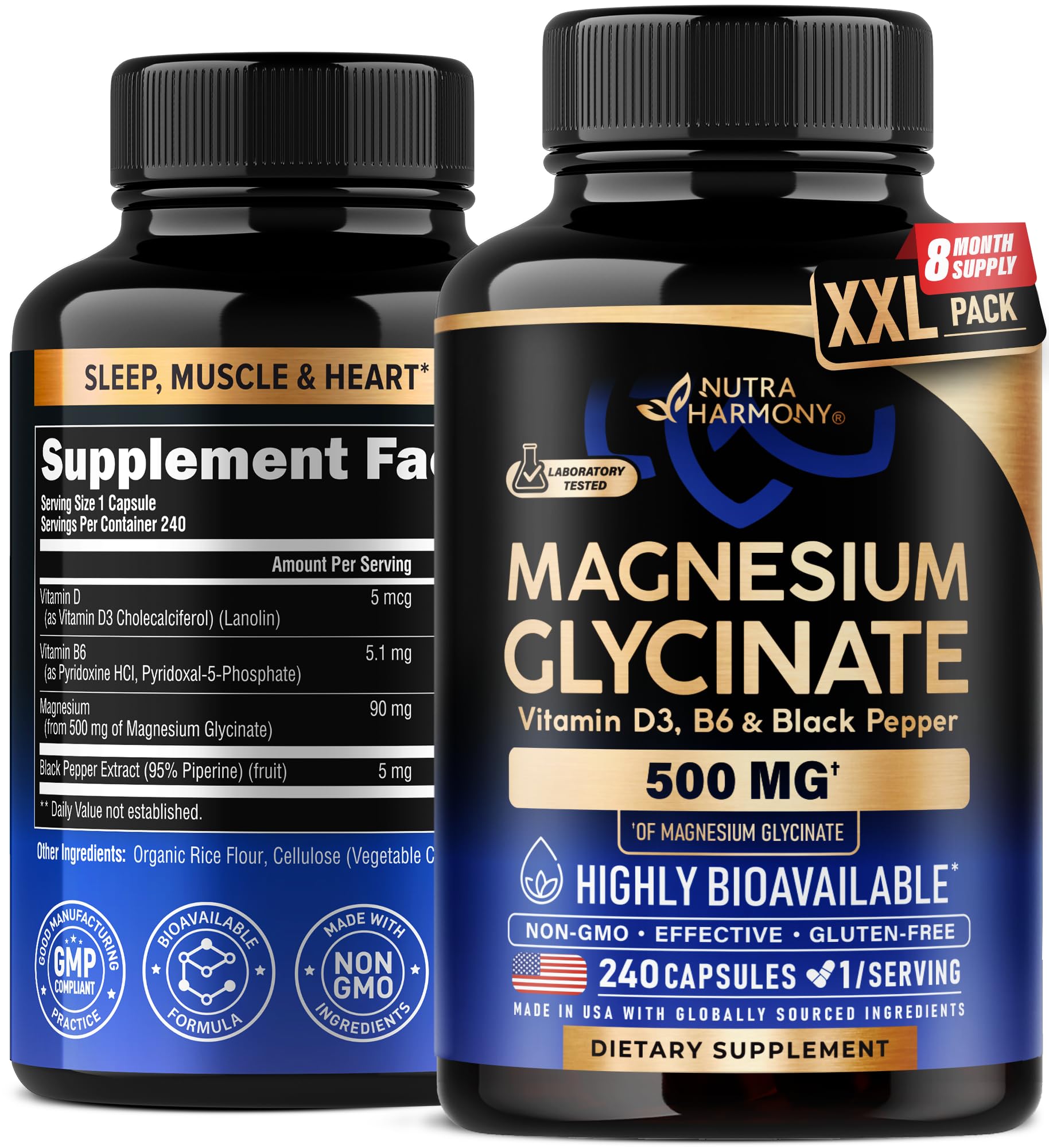 Magnesium Glycinate 500 mg - Chelated Supplement - 98% High Absorption - Support for Sleep, Muscle & Heart Health - Made in USA, Lab Tested & Non-GMO - 240 Capsules - Medaid International