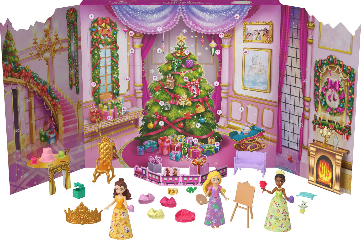 Mattel Disney Princess Doll Advent Calendar with 24 Days of Surprises, Including 3 Small Dolls, 3 Friends, 6 Fashions & 16 Accy Inspired by Movies (Amazon Exclusive) - Medaid International