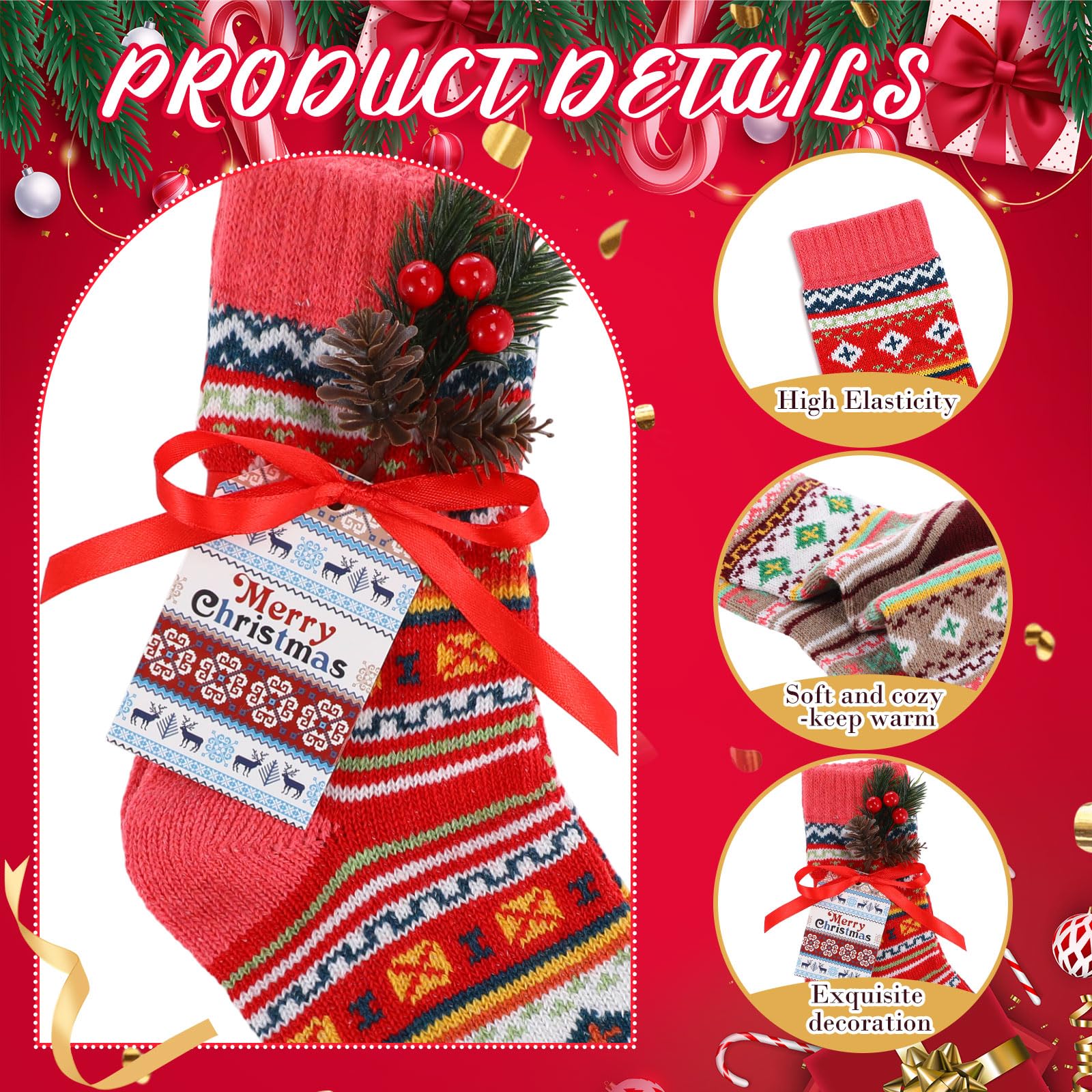 Capoda 10 Set Christmas Socks Gift Set for Women Merry Christmas Fair Isle Fuzzy Ugly Sweater Socks with Cards Pine Cones Xmas Tree Ornament for Winter Holiday Stocking Stuffers - Medaid International