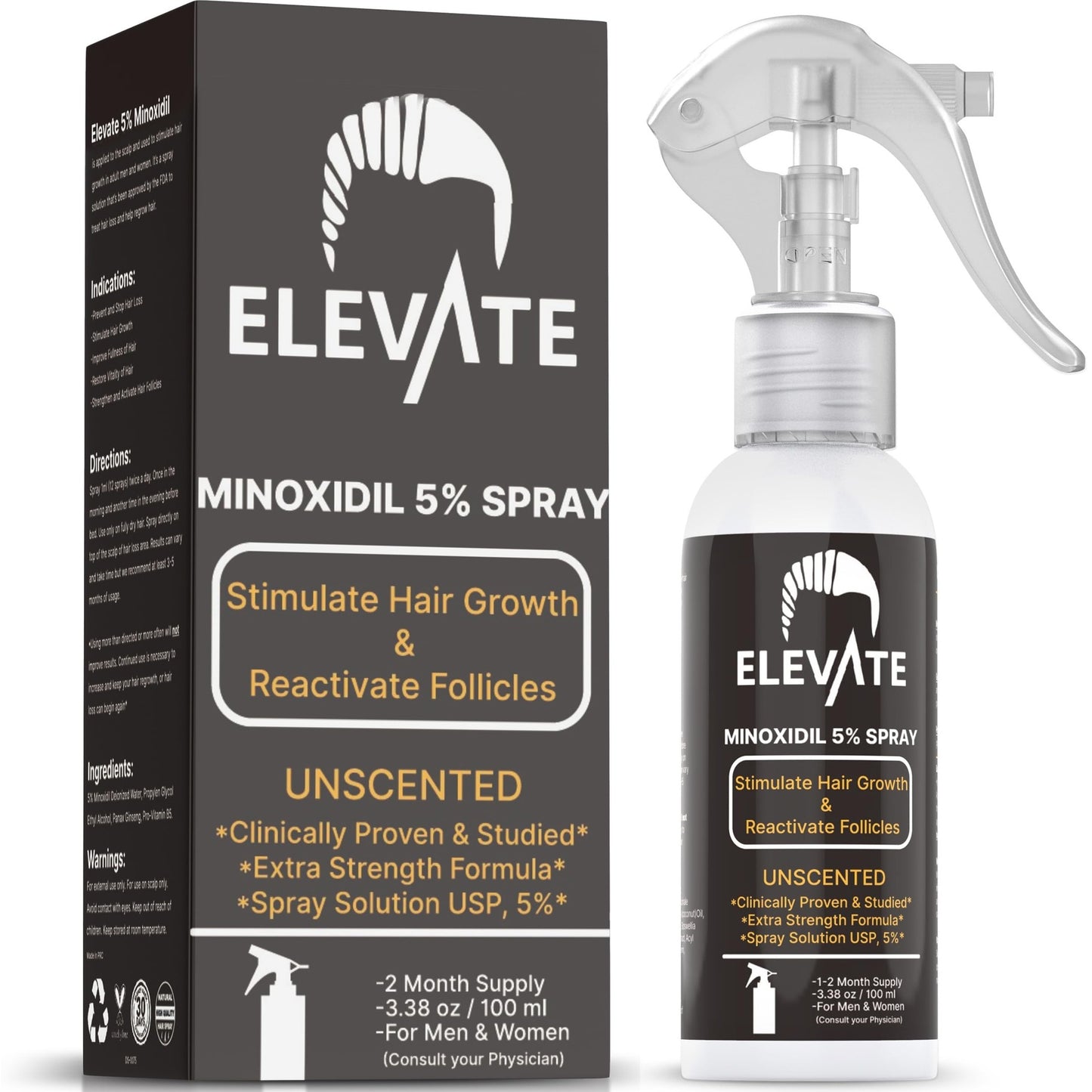 Elevate Hair Regrowth Treatment 5% Minoxidil Spray - Extra Strength Formula Professional Treatment for Hair Loss and Thinning for Regrowth - Stimulate Follicles for Men and Women 1 Month Supply - Medaid International