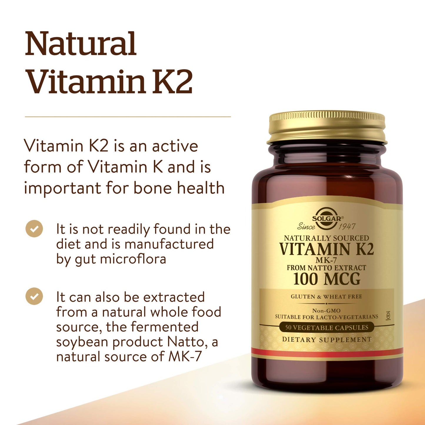 Solgar Naturally Sourced Vitamin K2 (MK-7) 100 mcg - 50 Vegetable Capsules - Supports Bone Health - Whole Food Source from Natto Extract - Non-GMO, Gluten Free - 50 Total Servings - Medaid International