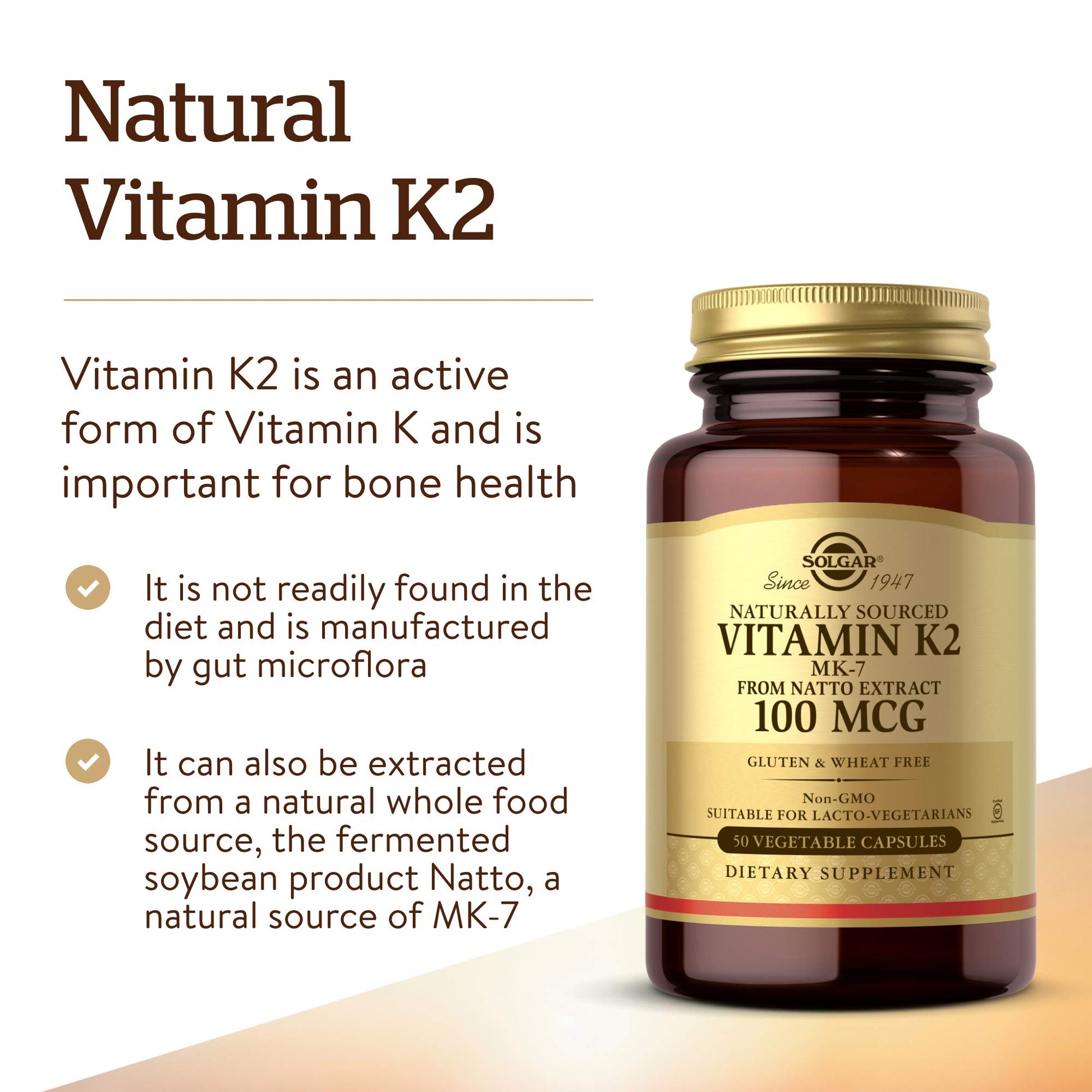 Solgar Naturally Sourced Vitamin K2 (MK-7) 100 mcg - 50 Vegetable Capsules - Supports Bone Health - Whole Food Source from Natto Extract - Non-GMO, Gluten Free - 50 Total Servings - Medaid International