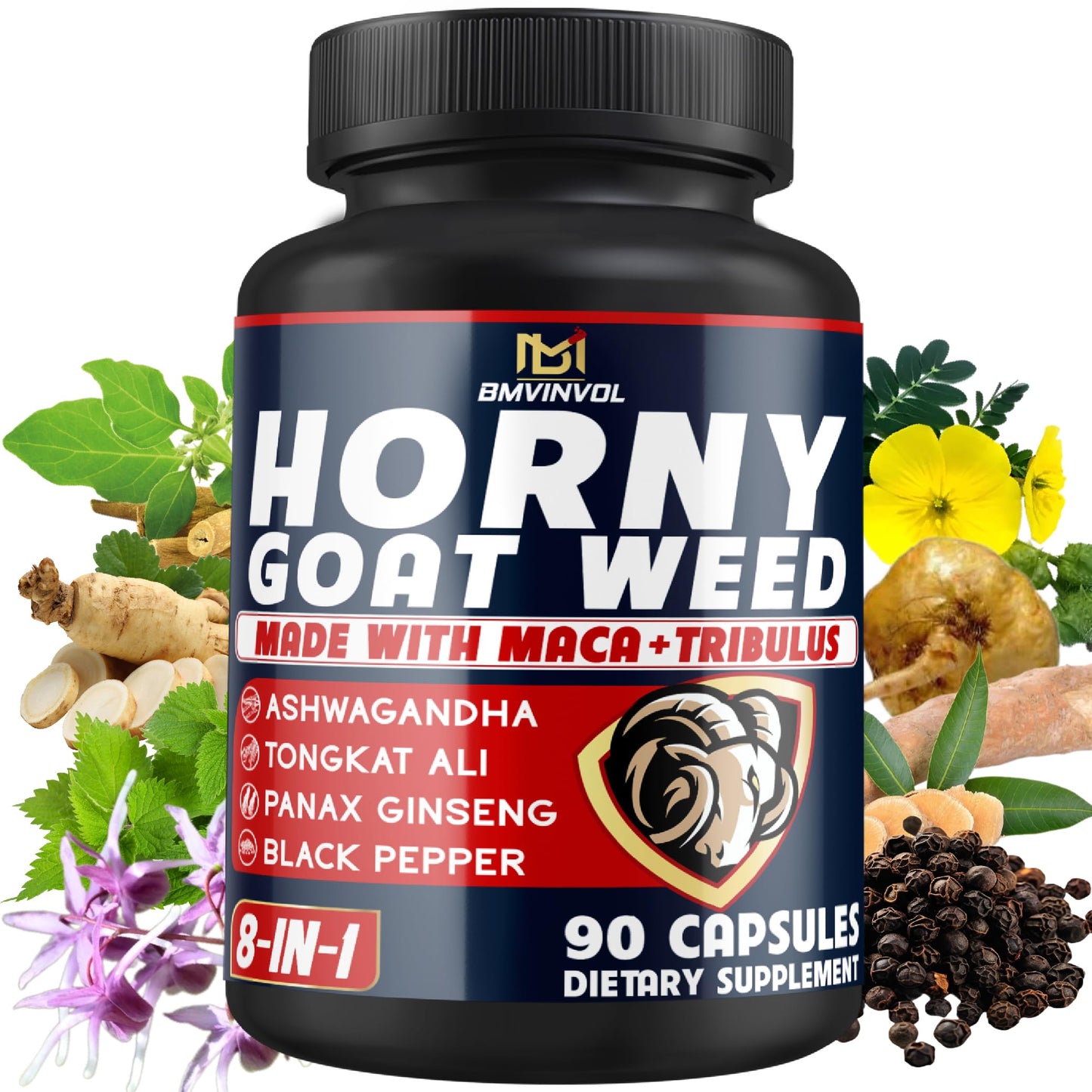BMVINVOL Horny Goat Weed for Men - Extra Strength Supplement with Maca, Ginseng, Tribulus Terrestris, Ashwagandha - 90 Capsules - Medaid International