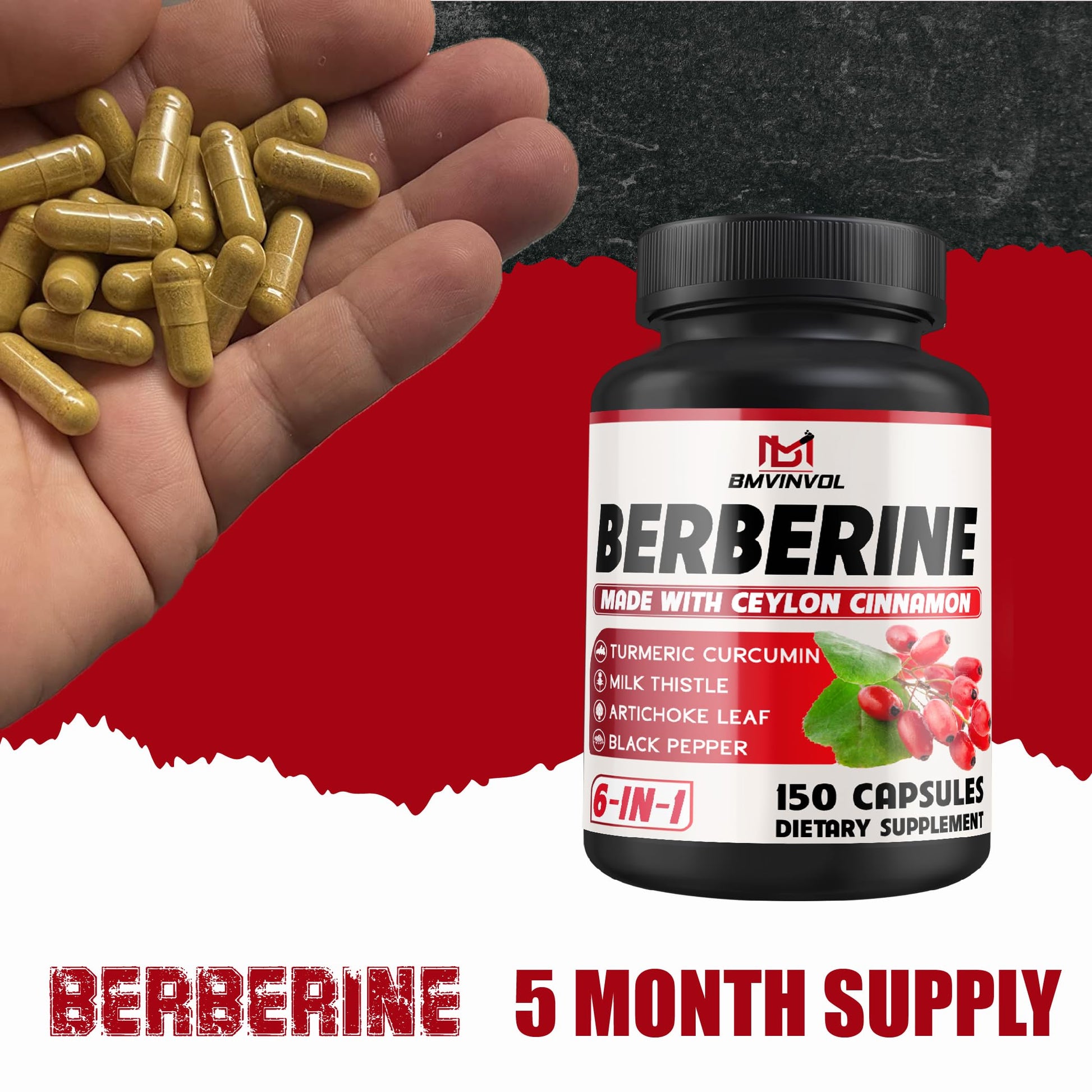 Berberine HCl, 150 Capsules - Plus Ceylon Cinnamon, Turmeric, Milk Thistle, Artichoke, Black Pepper, Berberine HCI Root Supplements Pills - Immune System - Medaid International