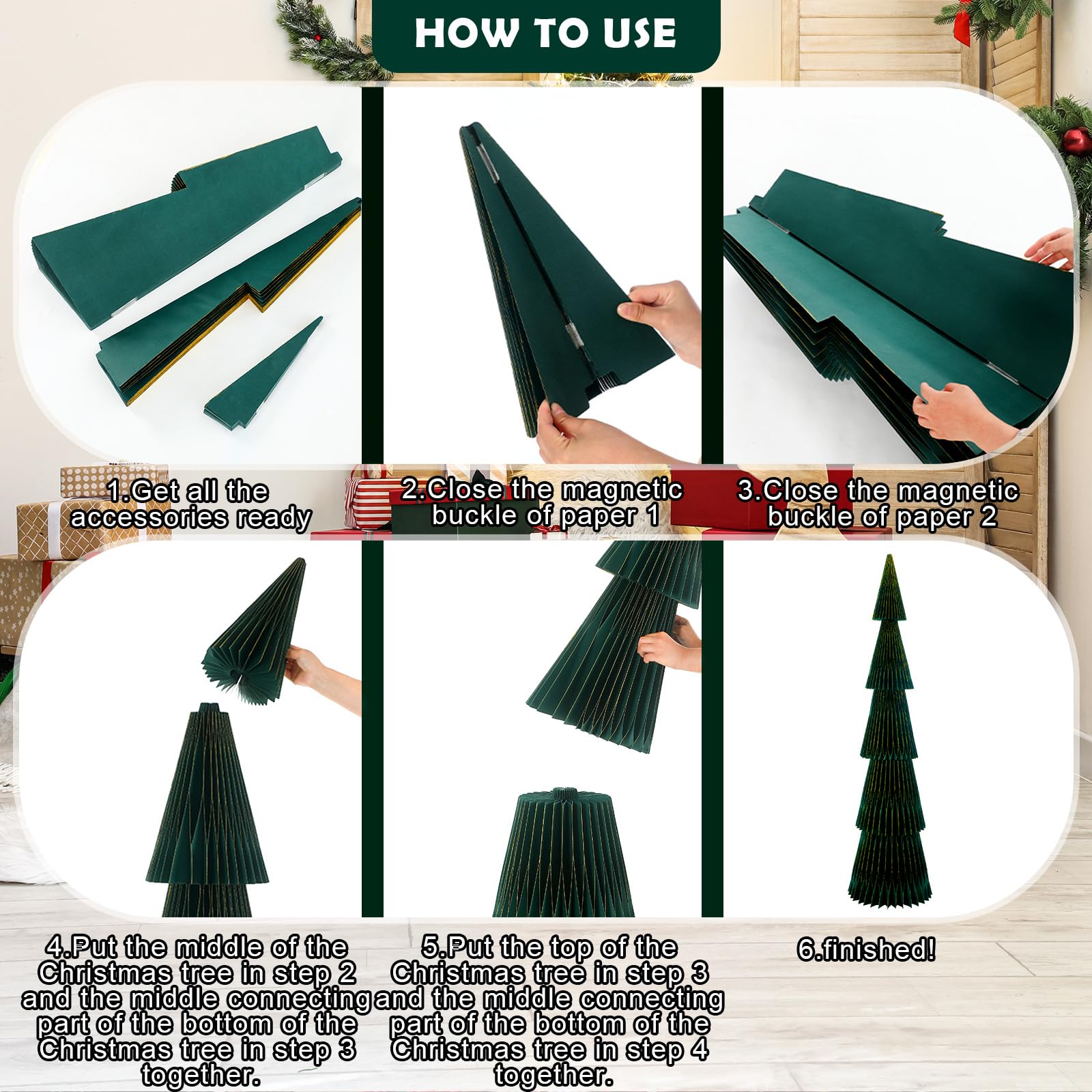 Motipuns 5.92ft ×19inch Giant Honeycomb Paper Christmas Trees Dark Green Extra Large 3D Honeycomb Christmas Trees Glitter Edge Magnetic Folding Xmas Paper Accordion for Home Mantel Holiday Party Decor - Medaid International