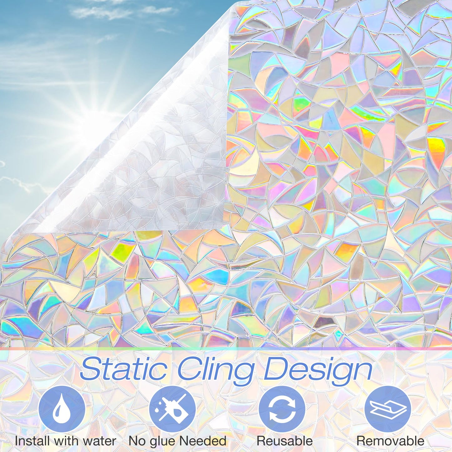 Homein Window Privacy Film, Rainbow Window Film Decorative 3D Window Clings Non Adhesive Window Tint for Home, Stained Glass Window Film for Glass, UV Blocking, 17.5 x 78.7 inches - Medaid International