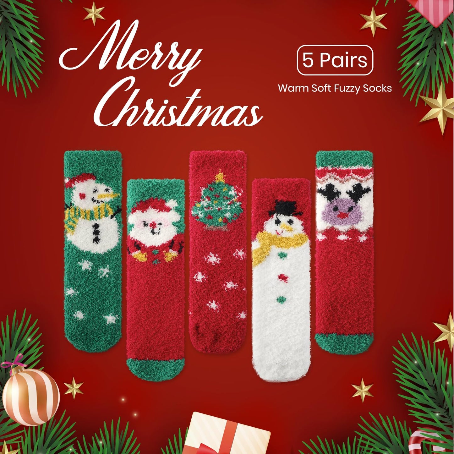 Tavaleu Fuzzy Socks for Women, Cozy Socks Women Warm Fluffy Winter Slipper Christmas Sock for Womens Home Sleeping Sock, 5 Pack Xmas A - Medaid International