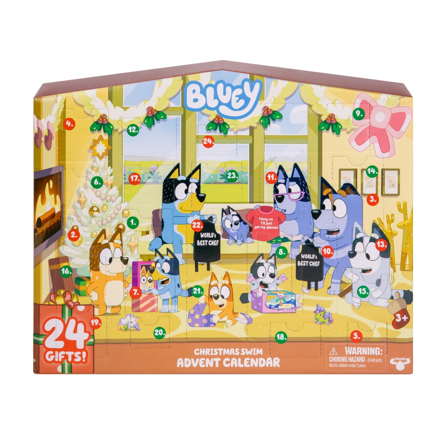 Bluey's Christmas Swim Advent Calendar, This Very Festive Bluey Surprise Pack Has 24 Surprises Behind 24 Different Windows, Includes 3 Christmas Swim Figures, 18 Accessories And 3 Stickers To Reveal - Medaid International