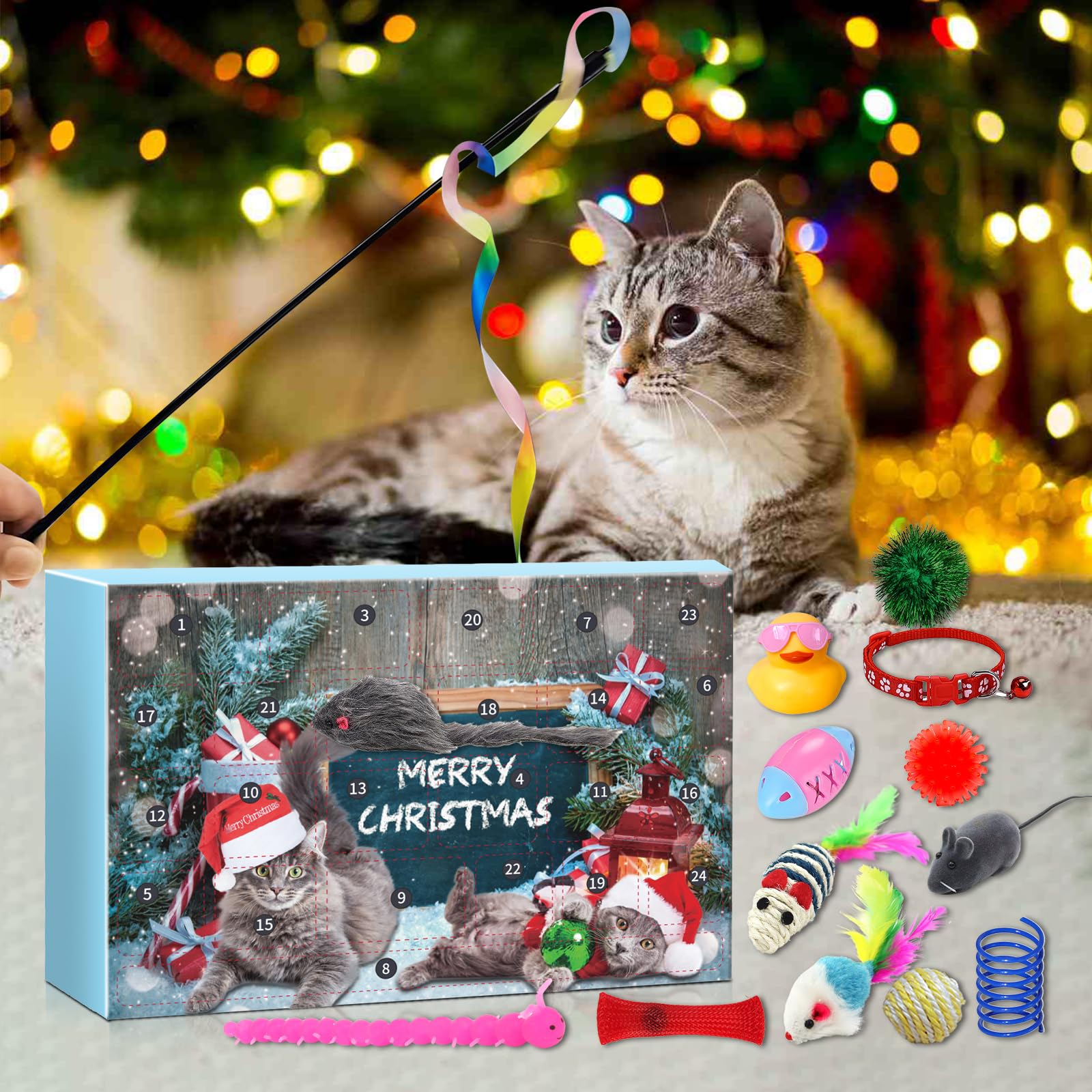 24 Days Christmas Countdown Calendar - Cat Advent Calendar - with Assorted Interactive Cat Toys for Indoor Kitten Cats Pet Surprise Xmas Gifts for Cat Lovers Women (Blue) - Medaid International