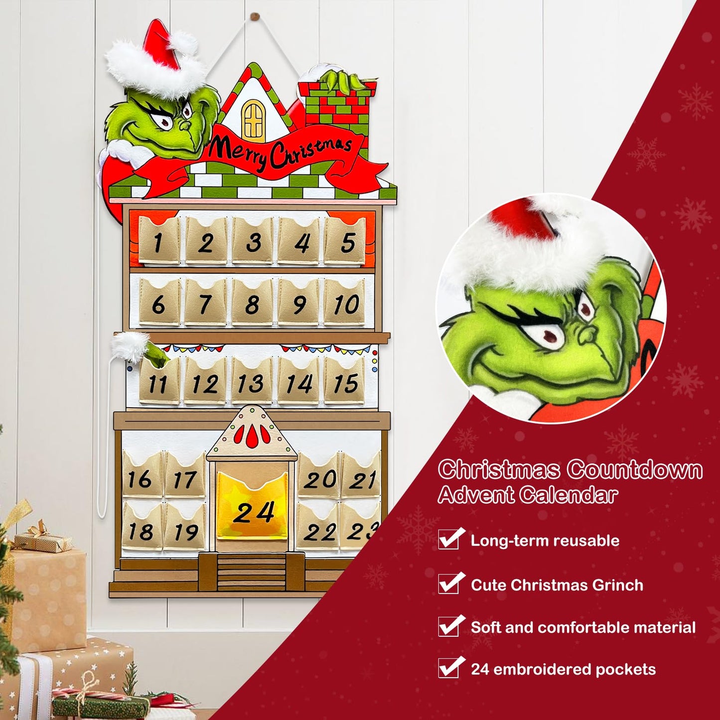 KOUPA Hanging Christmas Countdown Advent Calendar, Santa Grinch Green Haired Monster Decoration, Reusable Xmas Gift for Holiday Party Winter - Medaid International