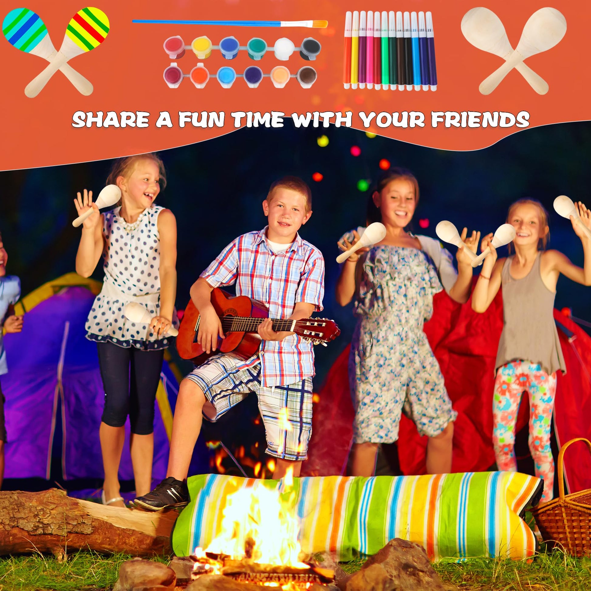 28 عبوة من 28 قطعة من ماراكاس الخشبية الصغيرة مع 32 قطعة من ادوات الطلاء المطلية ماراكاس غير مكتملة لمستلزمات الحفلات المكسيكية فيستا سينكو دي مايو - Medaid International