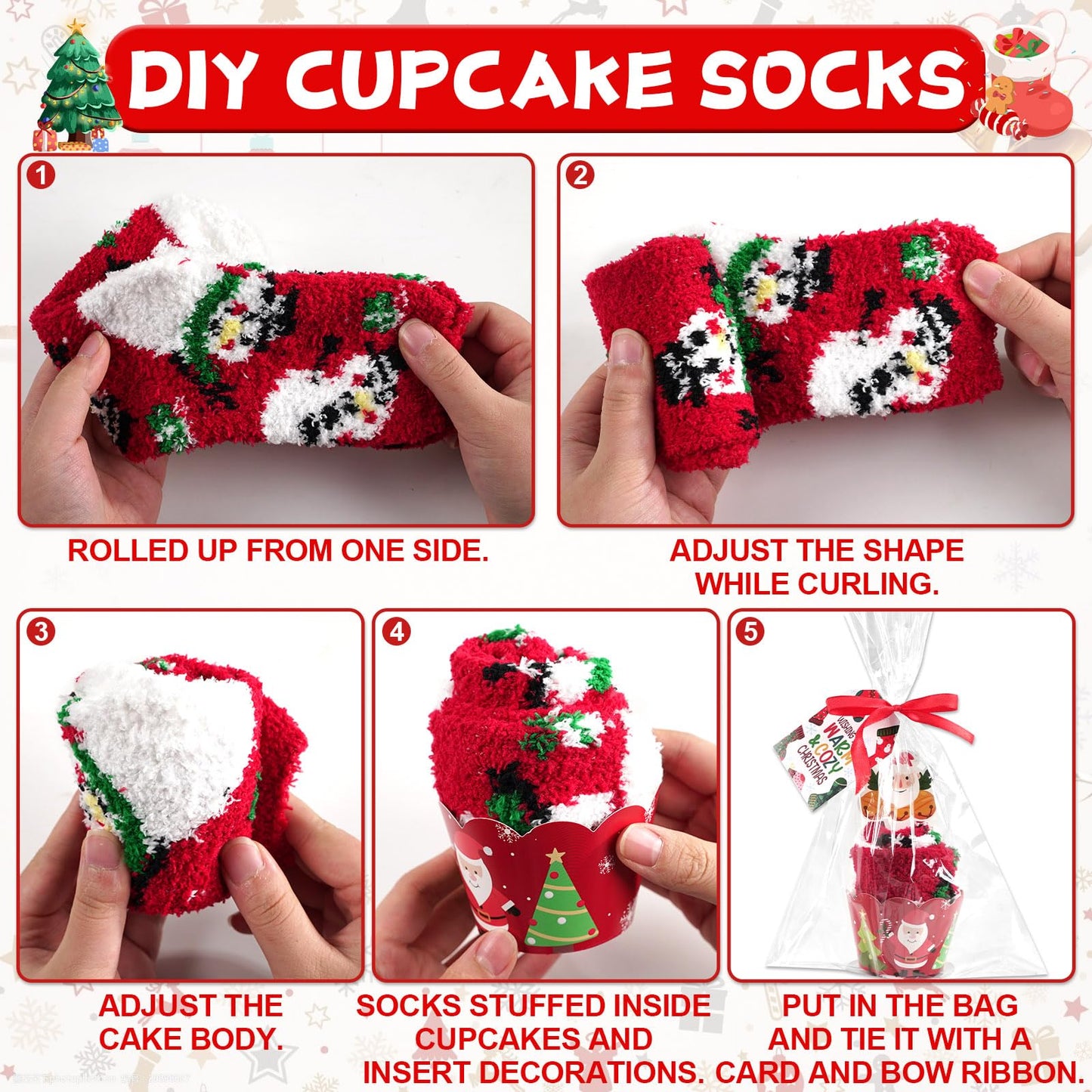 12 Pairs Christmas Fuzzy Socks Christmas Cupcake Fuzzy Socks DIY Gift Set for Women and Girls Xmas Thick Cozy Bed Sock with Greeting Cards for Adult Kids Party Home Indoor Sleeping Xmas Holiday - Medaid International