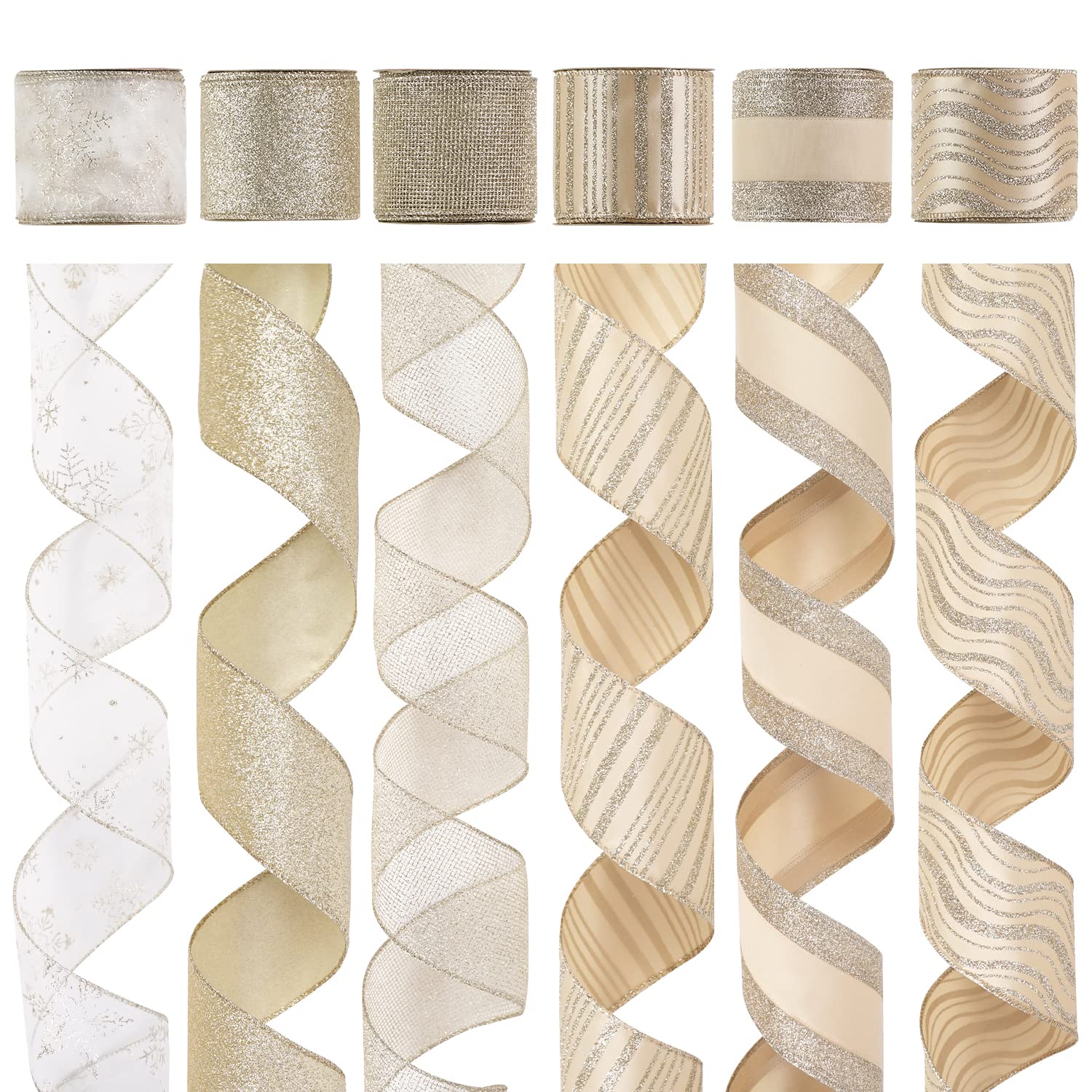 HUIHUANG Champagne Christmas Ribbon Wired Gold Christmas Tree Ribbon 6 Rolls Glitter Wired Edge Ribbons for X-mas Tree, Gift Wrapping, Wreath, Garland, Home Decor (2.5" Wide, 36 Yds Total) - Medaid International
