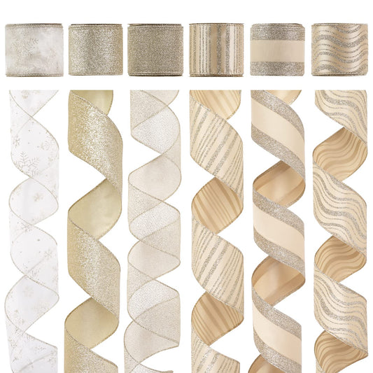 HUIHUANG Champagne Christmas Ribbon Wired Gold Christmas Tree Ribbon 6 Rolls Glitter Wired Edge Ribbons for X-mas Tree, Gift Wrapping, Wreath, Garland, Home Decor (2.5" Wide, 36 Yds Total) - Medaid International