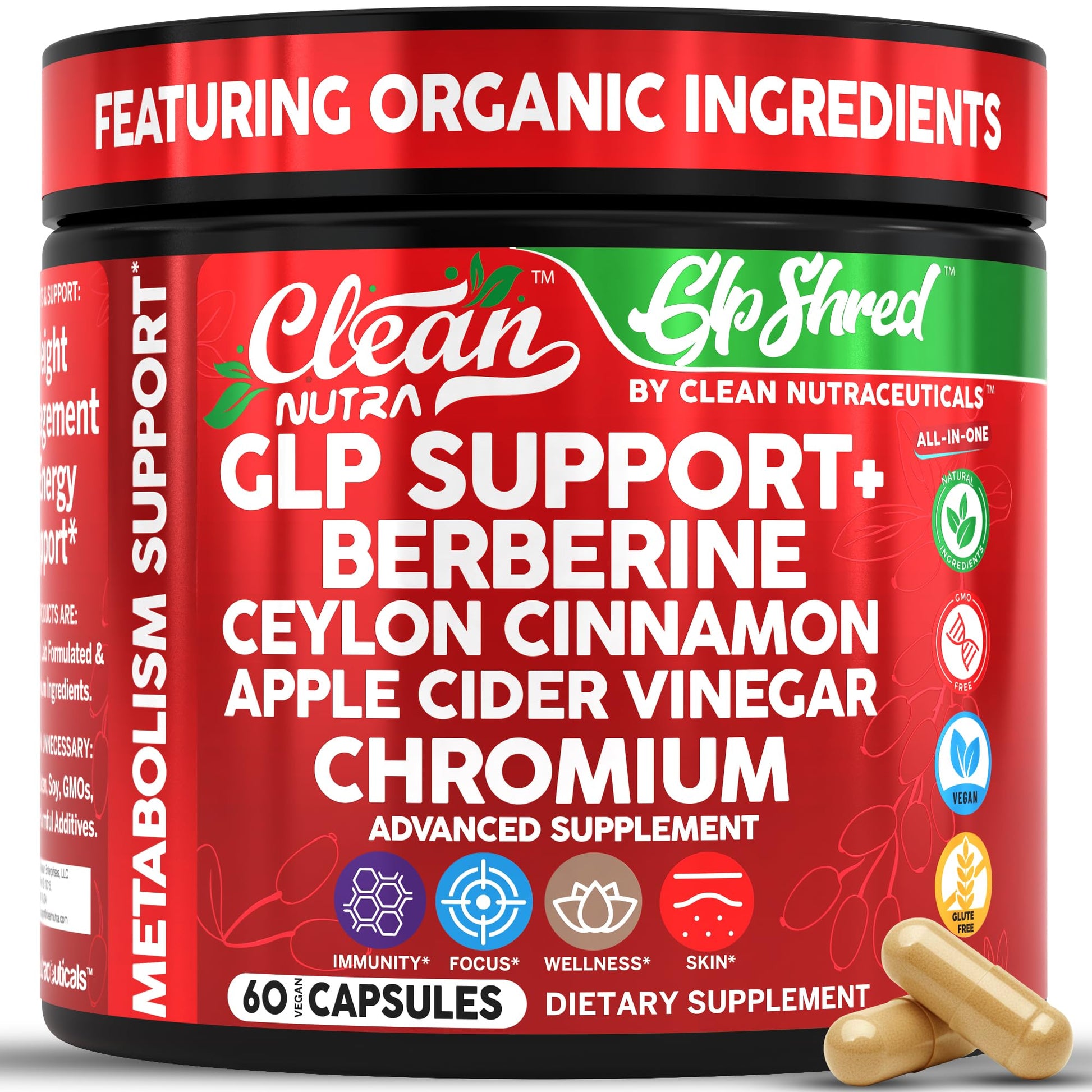 GLP1 Supplement Berberine Ceylon Cinnamon Apple Cider Vinegar Chromium Turmeric PCOS Supplements Immunity & Metabolism Support 60 Vegan Capsules by Clean Nutra - Medaid International