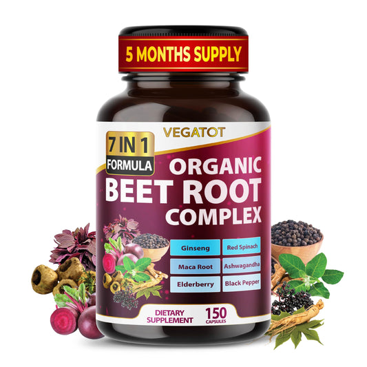 VEGATOT Beet Root *USA Made and Tested* Concentrated with Ginseng Maca Root Ashwagandha - Energy Stamina Immune Support (150 Count (Pack of 1)) - Medaid International