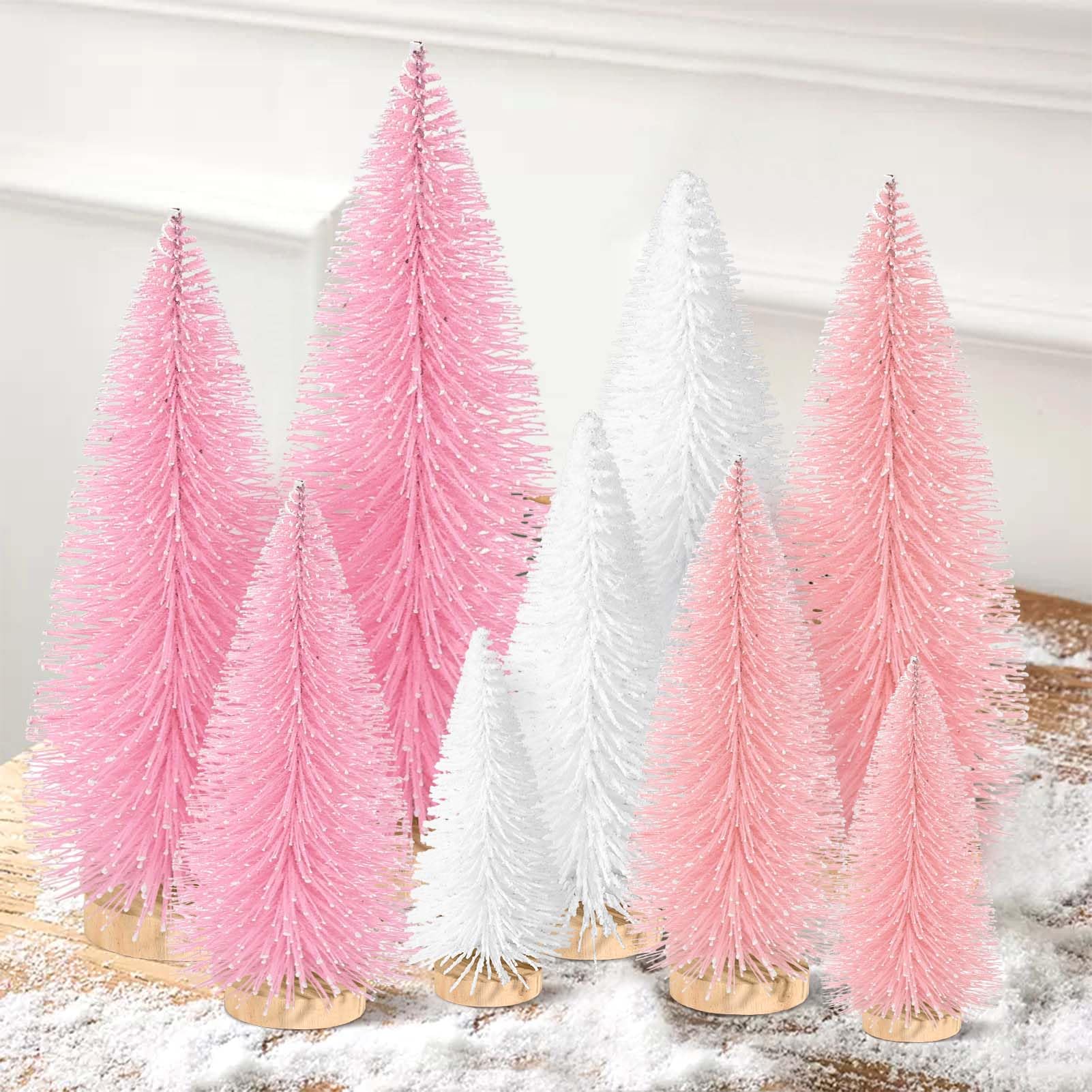9Pcs Mini Christmas Trees Christmas Decor Artificial Christmas Decorations with 4 Sizes, Christmas Tree Bottle Brush Trees Christmas Table Decorations (Pink Light Pink White) - Medaid International