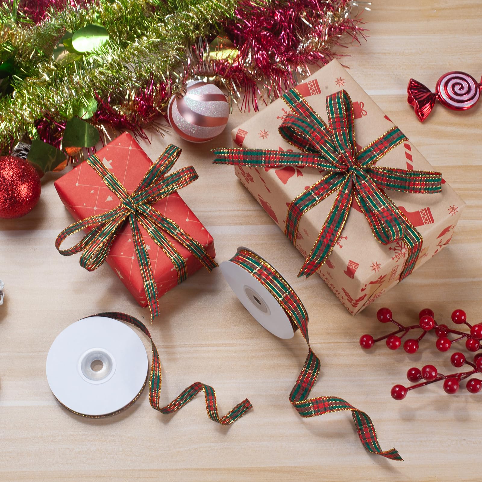 GHGMAO Red and Green Gingham Ribbon, Christmas Plaid Ribbon 3/8 INCH x 25 Yards, Polyester Fabric Grosgrain Stripe Checkered Ribbons for Gift Wrapping, Christmas Wreath, Tree Decor, Bow Making - Medaid International