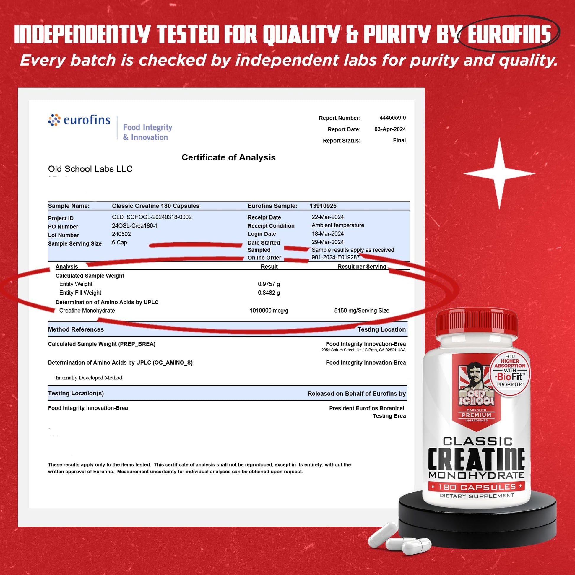 Old School Labs 5000mg Creatine Monohydrate Capsules With BioFit™ (Max Strength) Supports Muscle Growth & Recovery, Performance, Cognitive Health - Creatine Pills for Men & Women, Made in USA 180 Caps - Medaid International