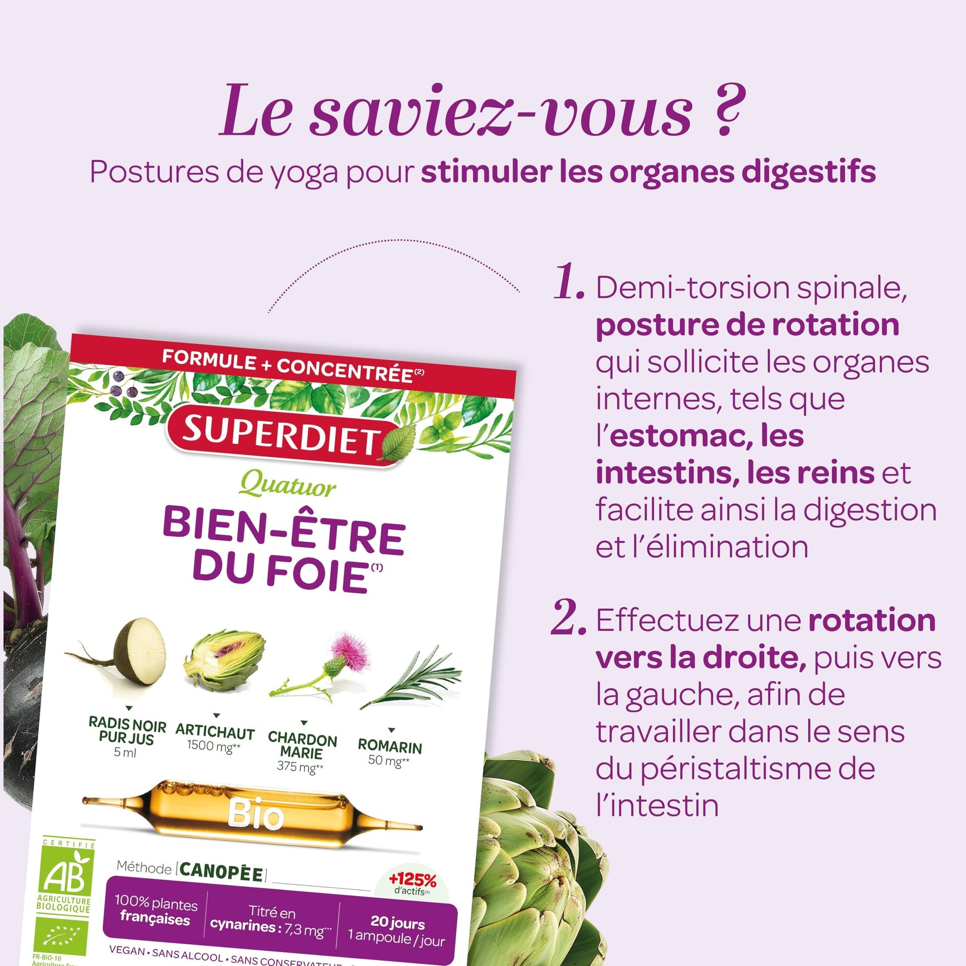 SUPERDIET-QUATUOR DIGESTION BIO-Bien-être du foie -Radis Noir Artichaut Chardon Marie Romarin-Fabrication Française-20 Ampoules de 15ml - Medaid International