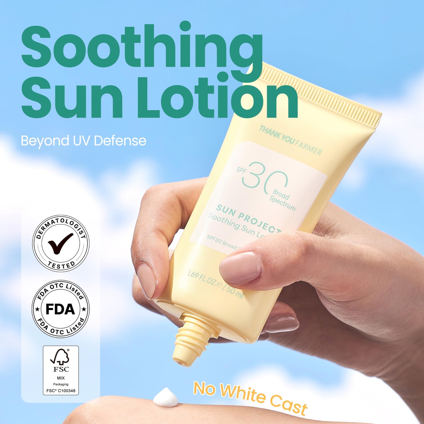 THANKYOU FARMER Sun Project Soothing Sun Lotion SPF 30 - Korean Sunscreen with Centella Asiatica - Dermatologist Tested, Broad Spectrum, Hydrating, Lightweight, No White Cast - 1.69 fl oz - Medaid International
