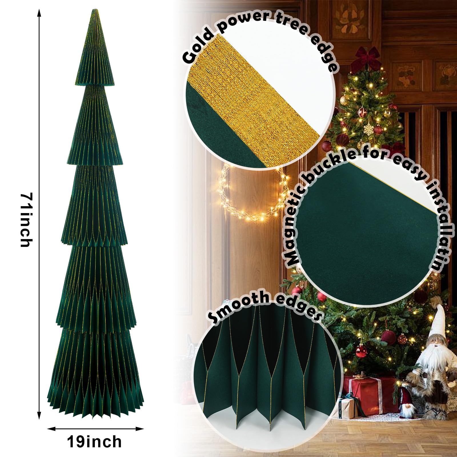 Motipuns 5.92ft ×19inch Giant Honeycomb Paper Christmas Trees Dark Green Extra Large 3D Honeycomb Christmas Trees Glitter Edge Magnetic Folding Xmas Paper Accordion for Home Mantel Holiday Party Decor - Medaid International
