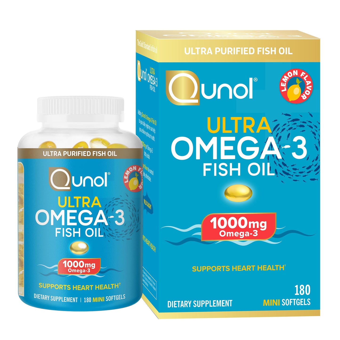 Qunol Fish Oil Omega 3 Mini Softgels, 1000mg Omega 3 EPA + DHA, Ultra Pure Supplements, Heart Health Support, Lemon Flavor, Easy to Swallow Minis, 3 Month Supply, 180 Count - Medaid International