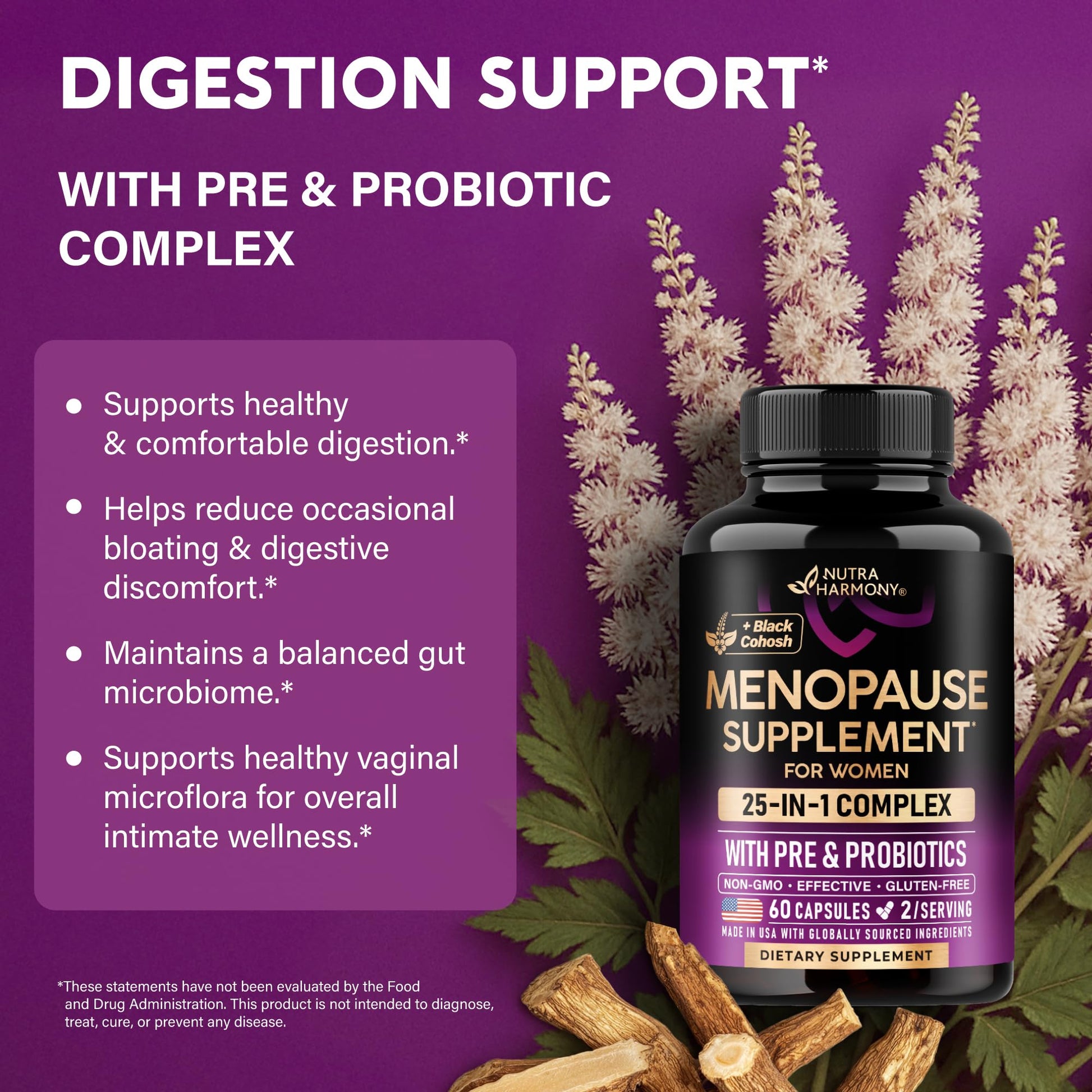 Menopause Supplements for Women - Dong Quai, Black Cohosh, Pre & Probiotics - Sweats & Hot Flashes Relief - Digestion, Sleep & Mood Support - 25-in-1 Perimenopause Complex - Made in USA - 60 Capsules - Medaid International