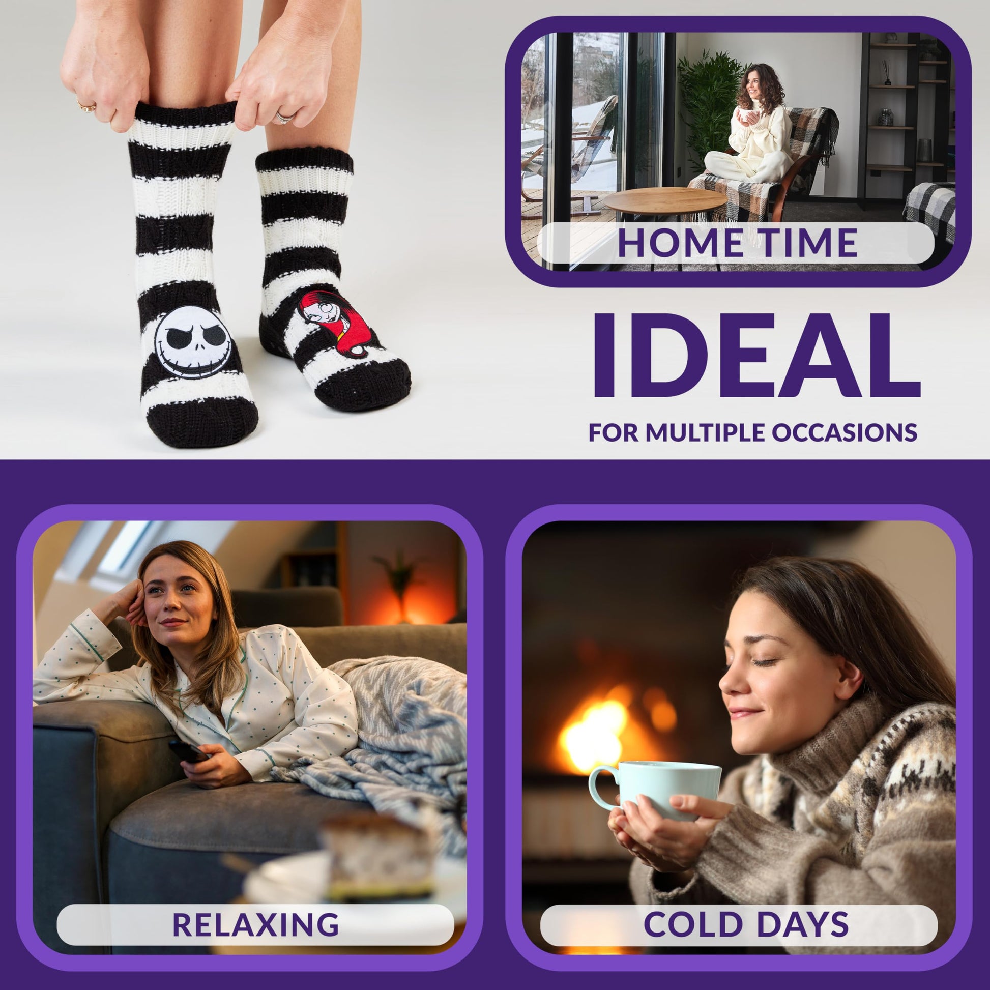 Get Trend The Nightmare Before Christmas Slipper Socks with Grips for Women, Teens, Size 4–9, Non Slip Fluffy Socks, Cozy Gifts for Women (4/9 US, White/Black TNBC) - Medaid International